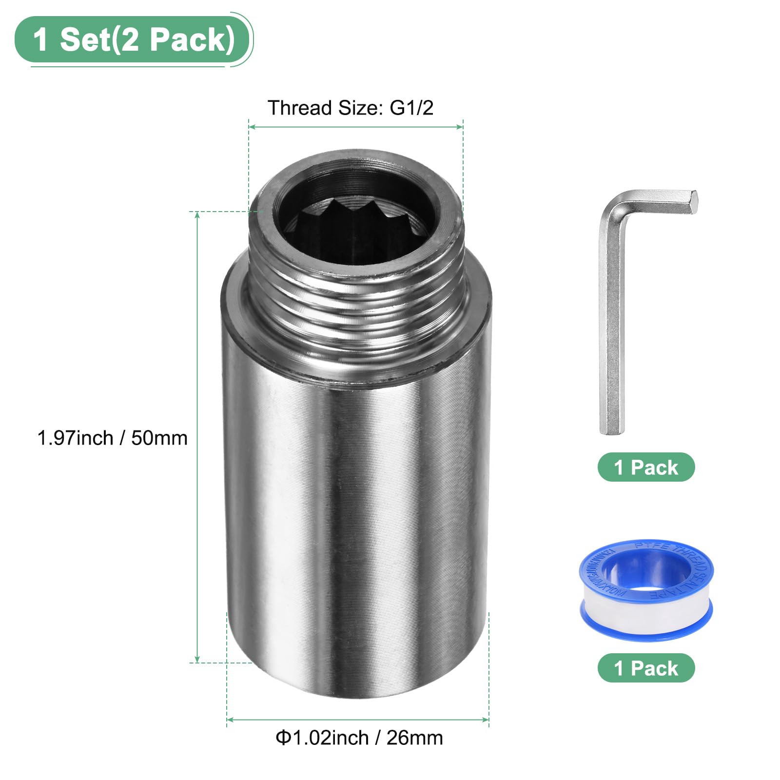 M METERXITY Shower Head Extension Arm Stainless Steel G1/2 Male to Female Extension Pipe Fitting with Thread Seal and Hexagonal Wrench Tape for Shower/Faucet Plumbing Coupler 1.97"/50mm 2-Pack - Image 3