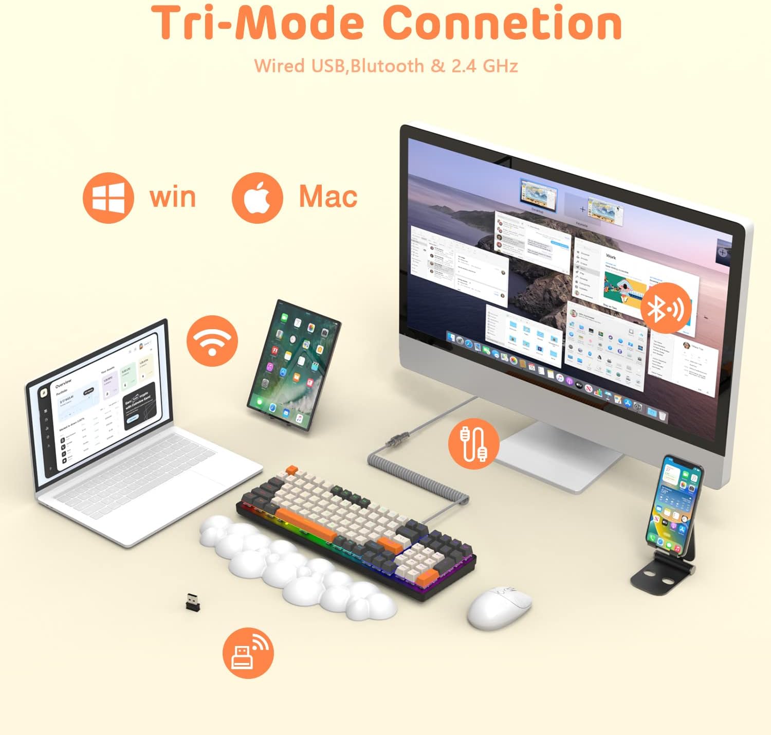 Wireless Mechanical Keyboard,2.4G/USB-C/Bluetooth Gaming Keyboard Hot Swappable,Efficient Numeric Pad,Keyboard Wrist Rest,Clicky Blue Switches,96% 100 Keys 4000mAh RGB Wired Keyboard for PC Mac iPad