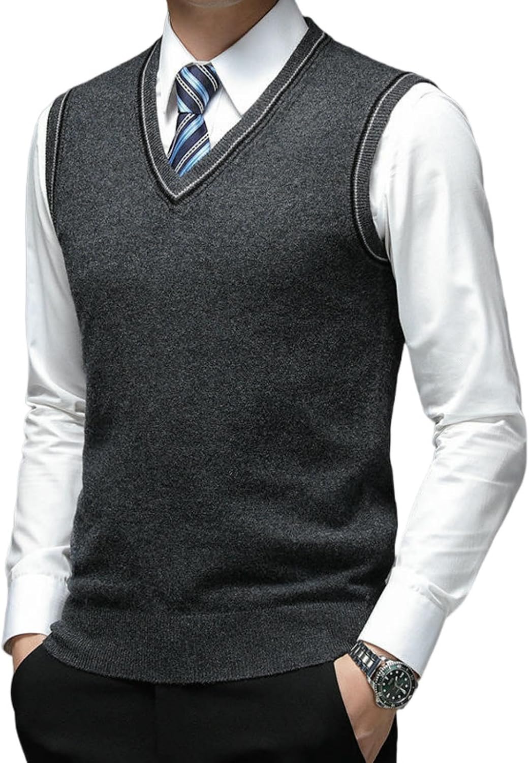 Men's Autumn Winter Loose Sleeveless V-Neck Knit Sweater Vest
