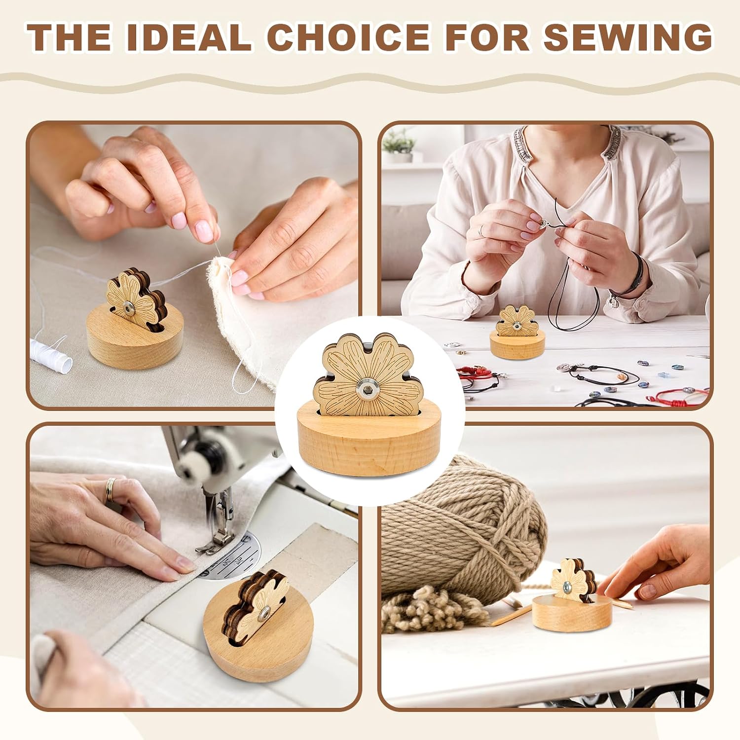 Floral Thread Cutter with Solid Wood Base & 5-Position Blade Saver - Anti-Slip Rotary Tool for Sewing, Quilting, Chain Piecing and Yarn Crafts