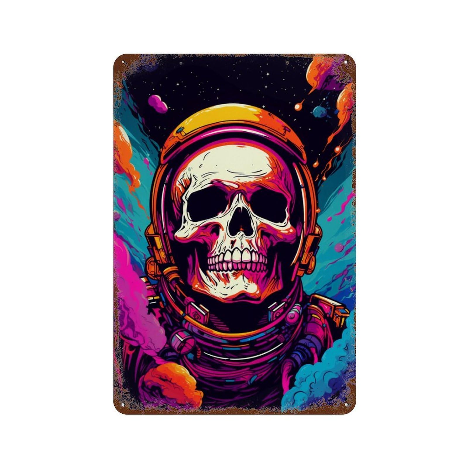 Rust Effect Space Skull Art Print -4 Rustic Tin Plaque 11.8"x7.9", Classic Wall Plaque for Shed, Workshop And Garage Wall Decor