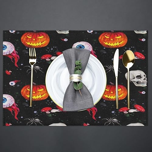 Miniatura 4 de Halloween Skull Pumpkin Glasses Placemats Set of 6 Fabric Placemats Square Placemat for Kitchen Table Heat Resistant, Easy to Clean Table Placemats