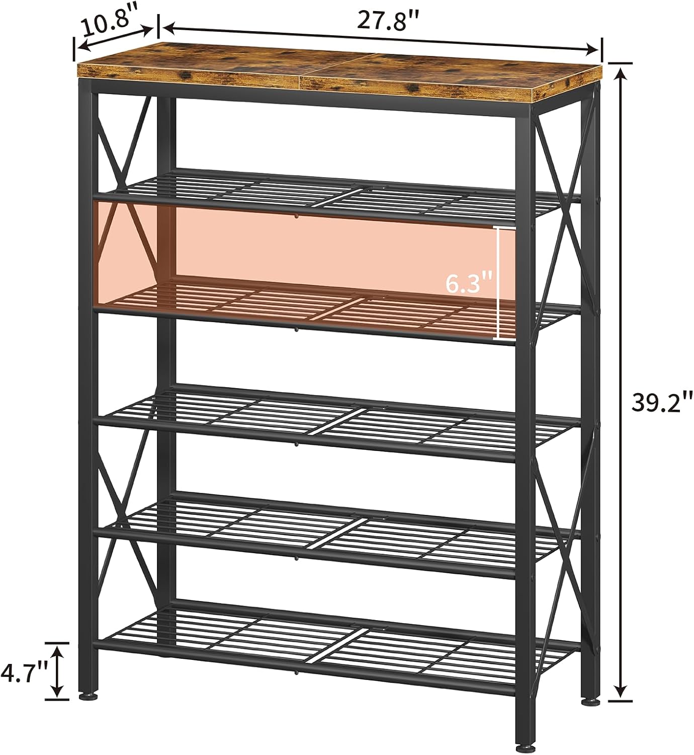 6-Tier Shoe Rack Organizer, Large Capacity Shoe Shelf with Metal Shelves, Holds up to 24 Pairs of Shoes, Shoe Storage for Entryway Closet Bedroom, Rustic Brown