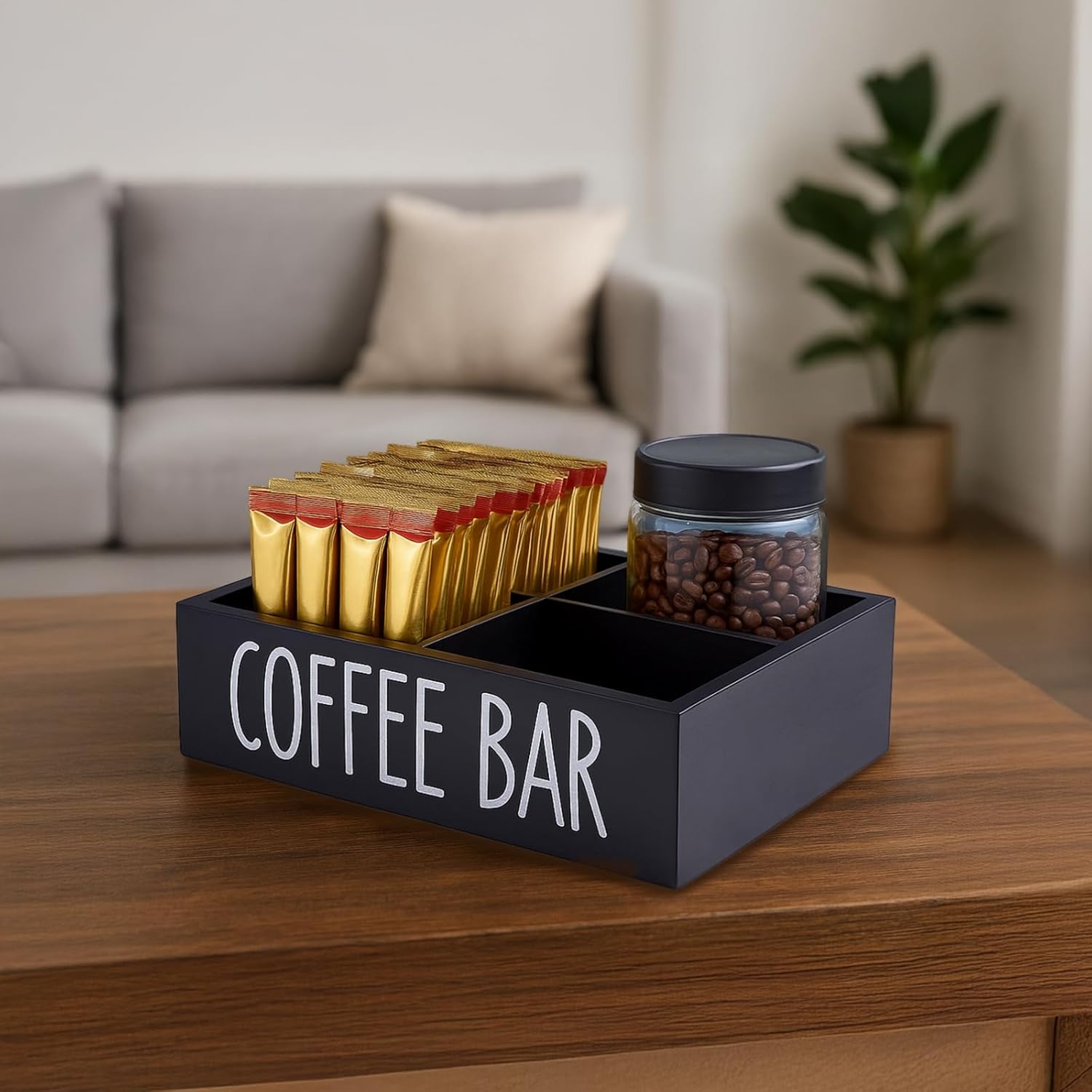 Modern Design, Black, Wooden Paper Plate, Utensil Caddy Storage Box, for Parties, Removable Dividers, Napkins, Cups Organizer