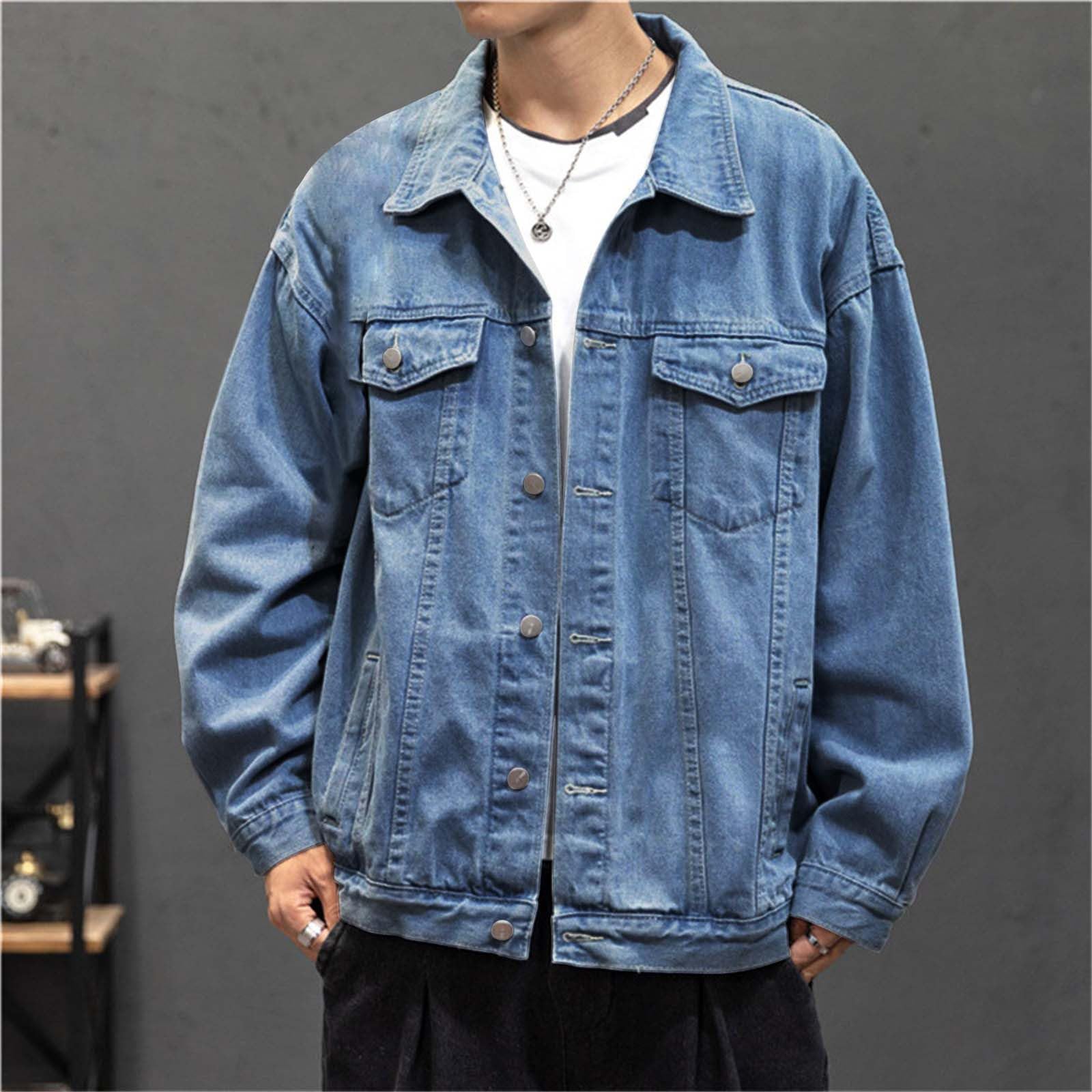 Chaqueta vaquera para hombre, color liso, solapa, chaqueta de entretiempo, chaqueta vaquera, otoño, manga larga, informal, moda urbana