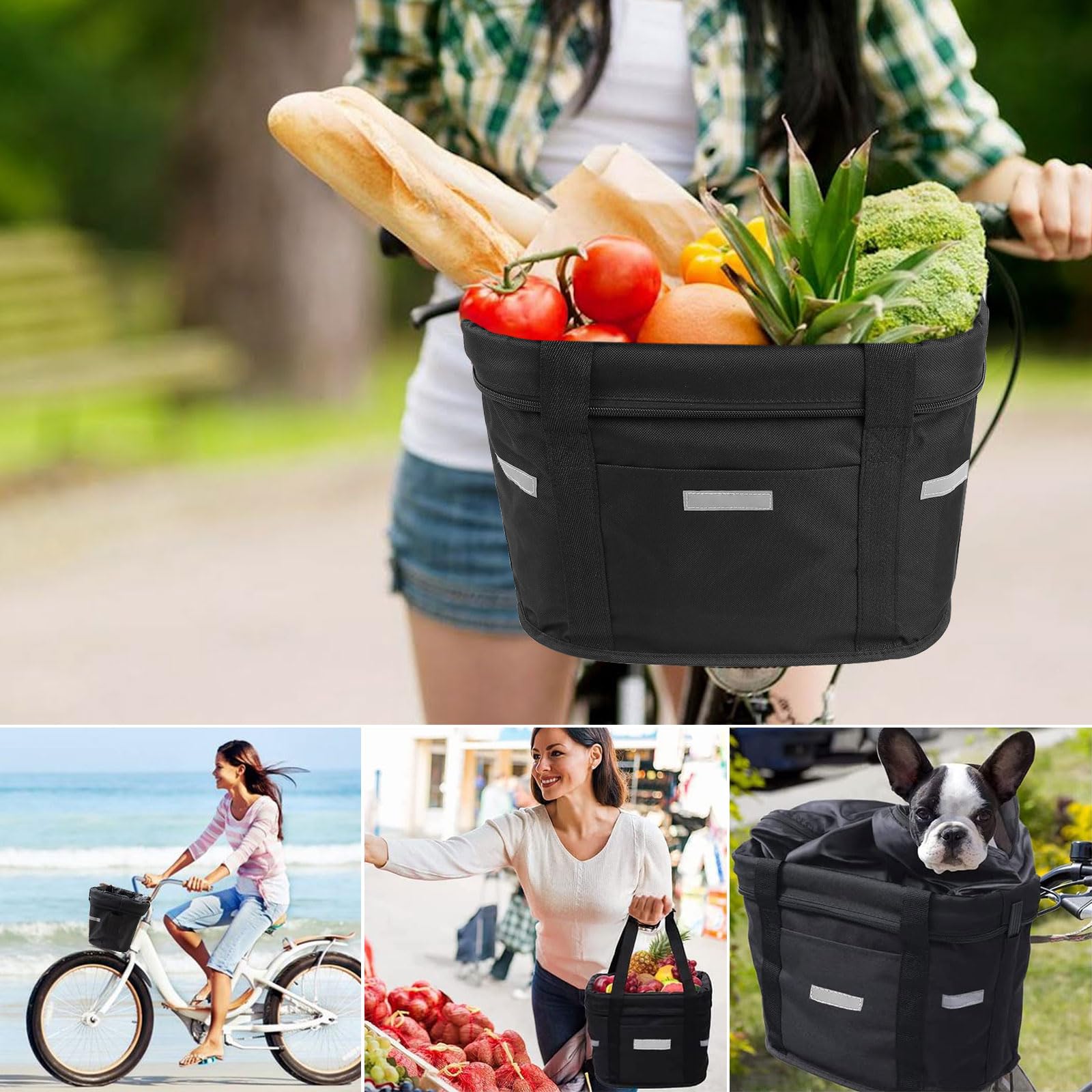 Cestino Anteriore per bici Multiuso per Animali Domestici, Pieghevole Borsa a Mano, Shopping e Outdoor (Nero)