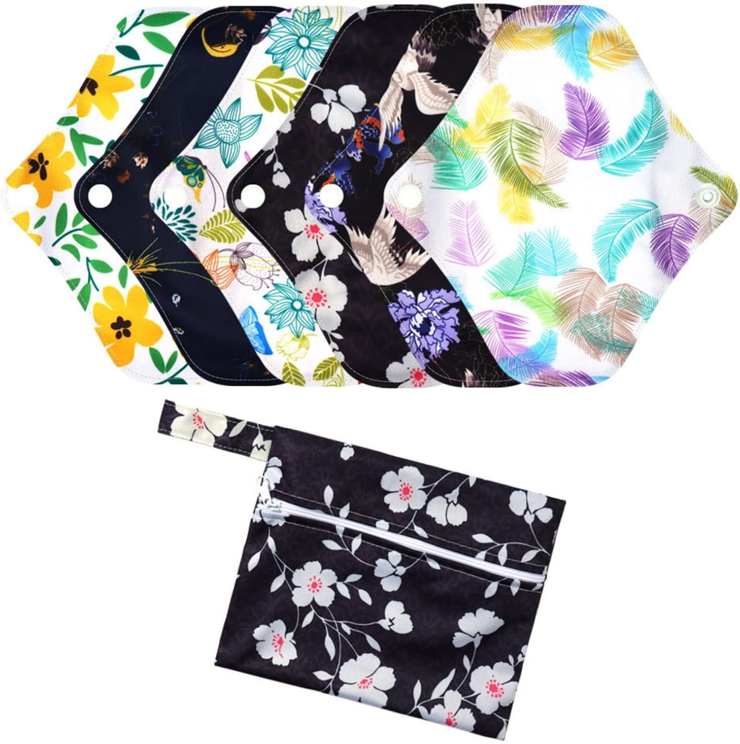 Washable Menstrual Pads with Wings,Sanitary Napkins,Pack of 6+1 Storage Bag,Soft Breathable Cotton Liners