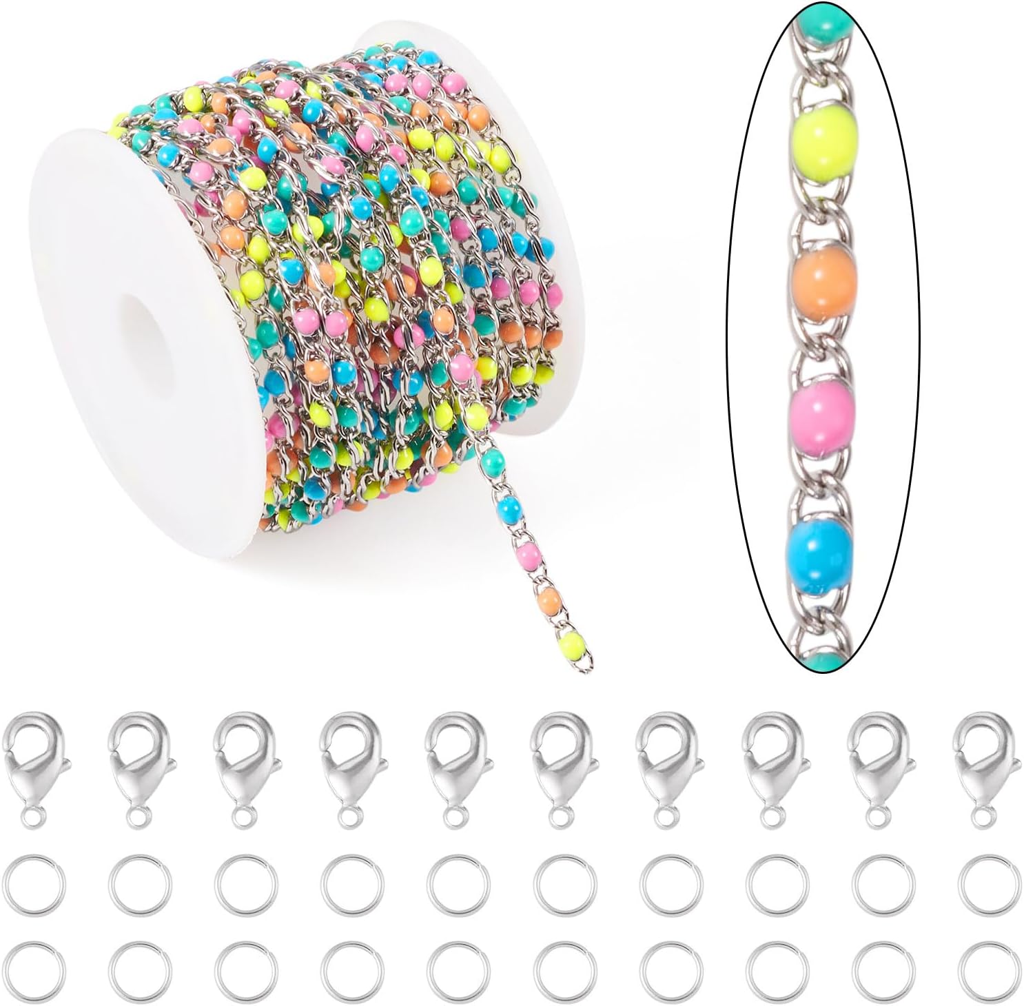 KISSITTY 9.84 Feet Stainless Steel Link Chains Enamel Bead Necklace Bracelet Unwelded Chain Jewelry Making Kit for Women Choker Anklet DIY Clothes Decor Crafts Making with Clasps Jump Rings