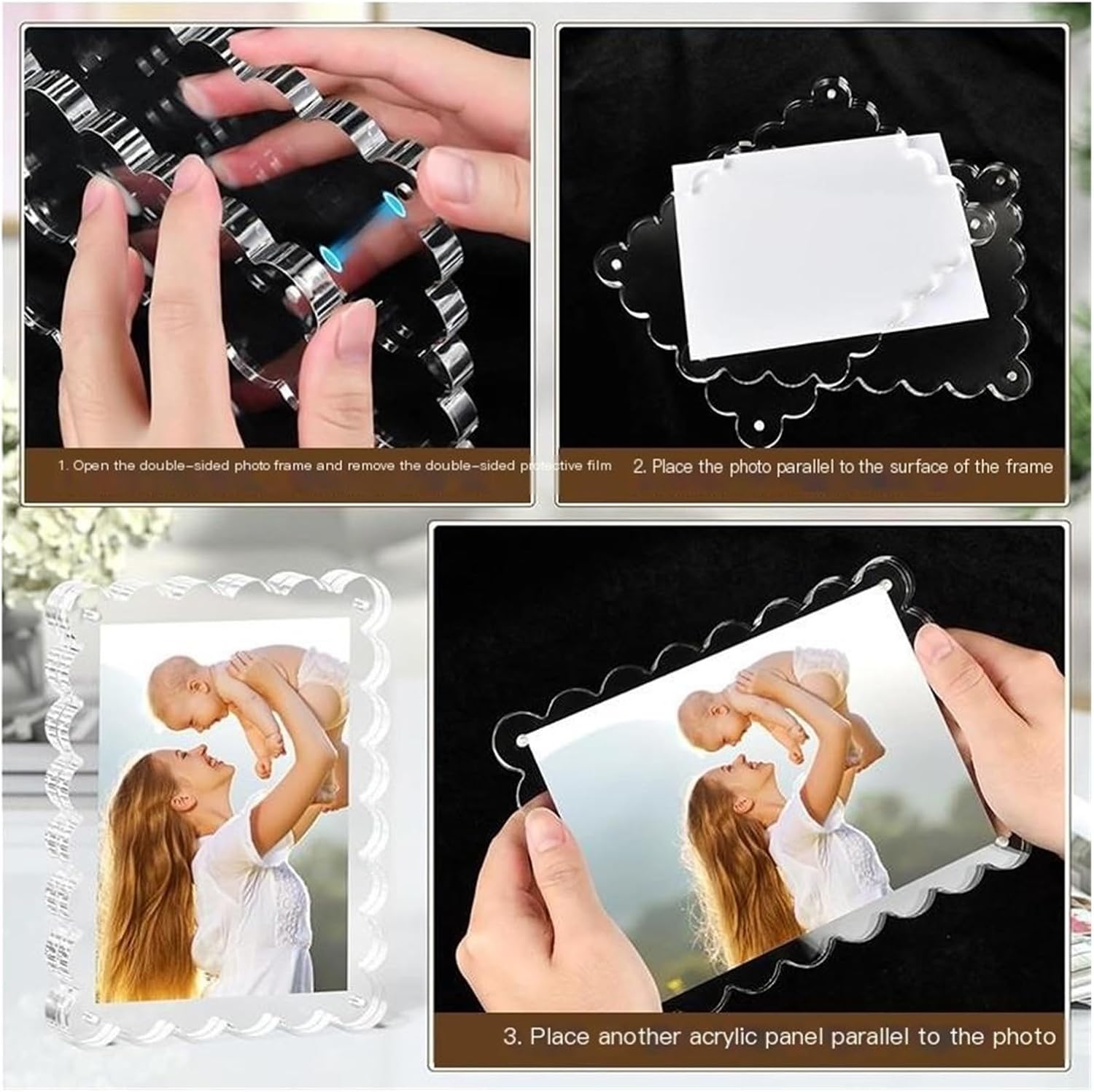 Magnetic Scalloped Photo Frame 4x6 In & 5x7 In evident Thickened Acrylic Freestanding Desk Display For Memorial Pictures(4x6 inches)