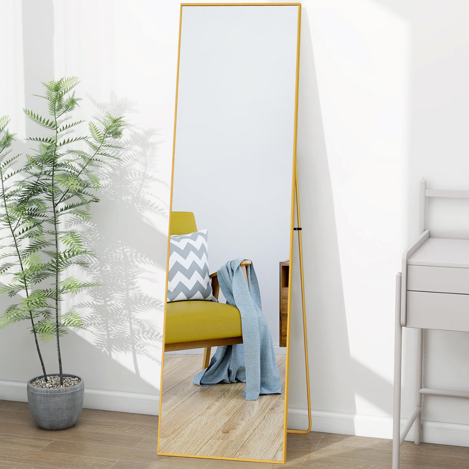 Lustro stojące HD na całe ciało, 140 x 40 cm, złote lustro stojące z ramą ze stopu aluminium, szkło hartowane, do sypialni, garderoby, salonu, garderoby