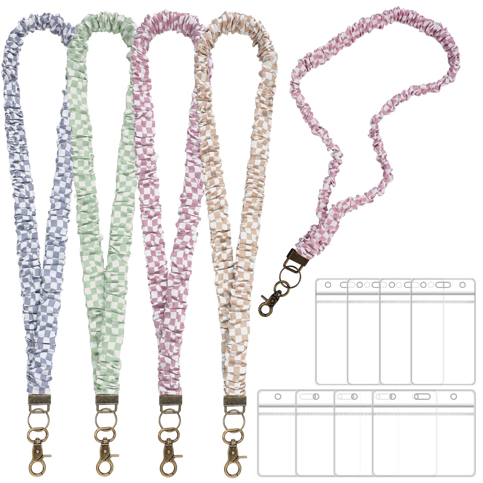 SATINIOR 4 Pcs Stretchy Scrunchie Lanyards with 8 ID Holder for ID Badges and Keys, Cute Neck Scrunchie Lanyard for Teacher Appreciation Gifts Nurses School (Colorful,Checkered Style)-image-2