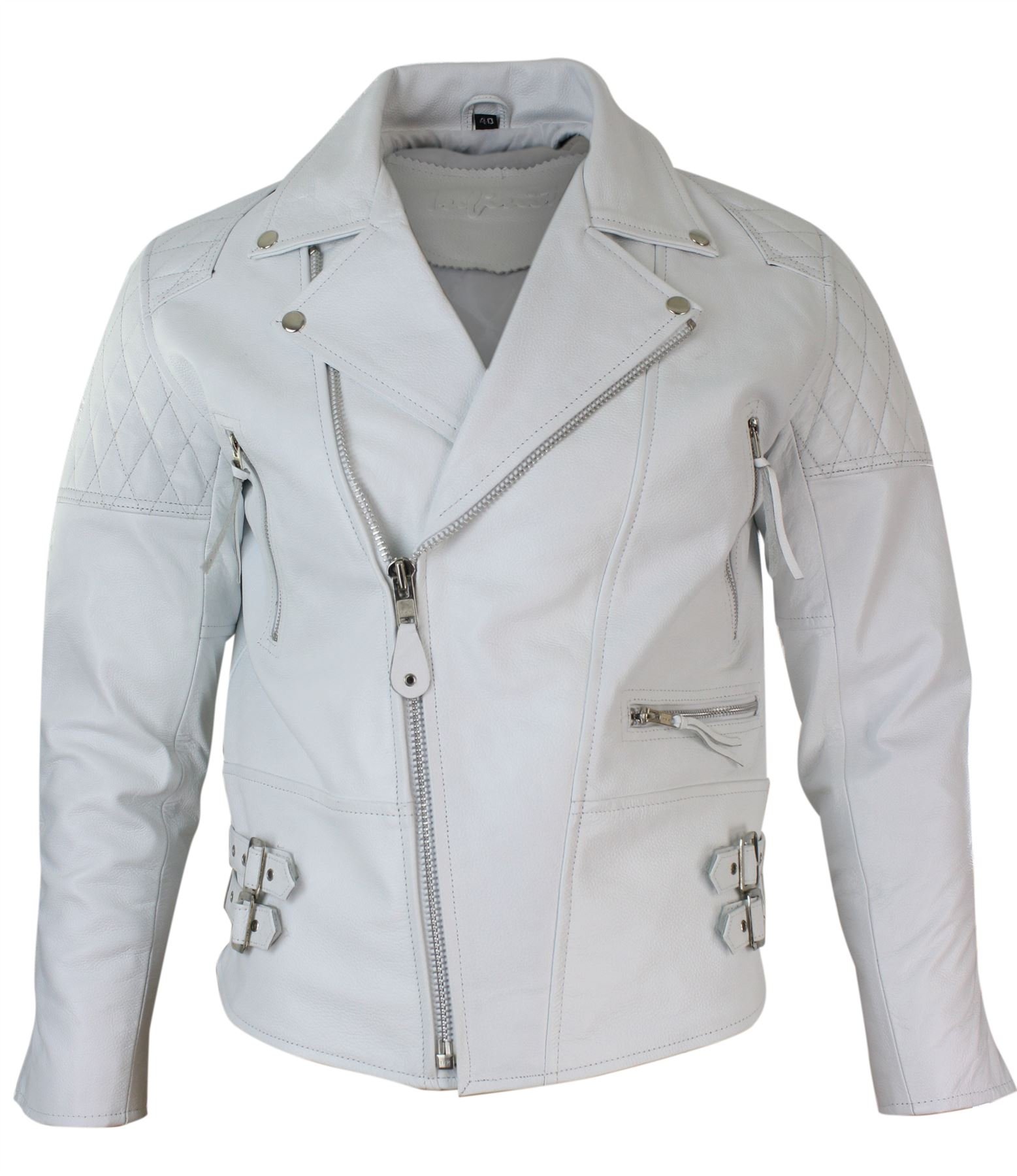 Infinity Leather Mens Cross Zip Cow Hide Padded Biker Jacket White Black Brando Vintage