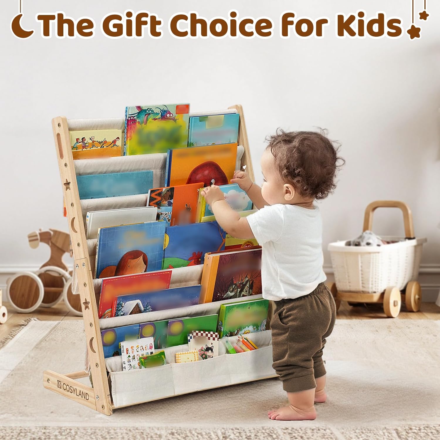 COSYLAND 7-Tier Kids Bookshelf - Wooden Sling Book Rack with Deep Pockets, Nursery & Playroom Organizer, Fabric Storage Shelf for Toddlers, Easy-Access Display, Natural Walnut