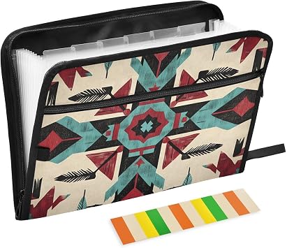 13 Pockets Expanding File Folder with Zipper Closure, Aztec Ethnic Pattern Accordion File Folder with Sticky Labels, Letter Size A4 Papers Expandable File Document Organizer