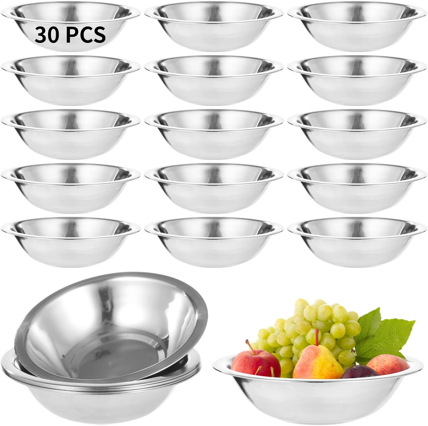 Prep Bowls Stainless Steel 30 Pcs, 6.3 Inches Diameter Mixing Bowls, Heavy Duty Kitchen Food Preparation, Egg Beating Stackable, Smooth Dishwasher Safe