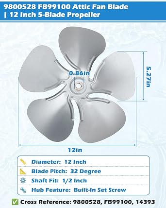 9800528 FB99100 Replacement Attic Fan Blade, 12 Inch Power Vent Propeller