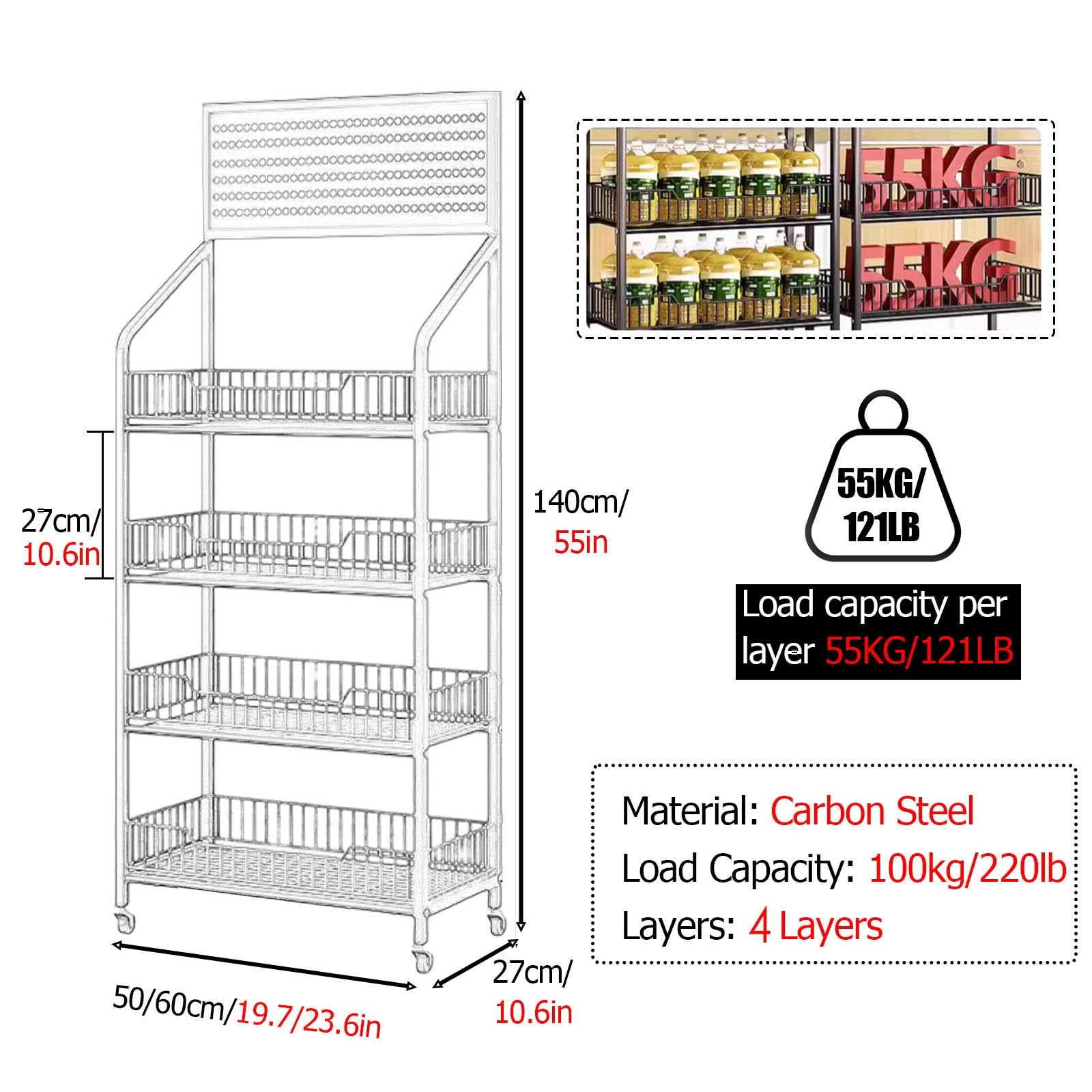 JLXJYS Floor-Standing Candy Snacks Display Rack 140cm Tall, Metal Wire Storage Basket Supermarket Shelf for Chip Bag Drinks, Commercial Wholesale Fruit Vegetable Holder(50x27cm/19.7x10.6in)