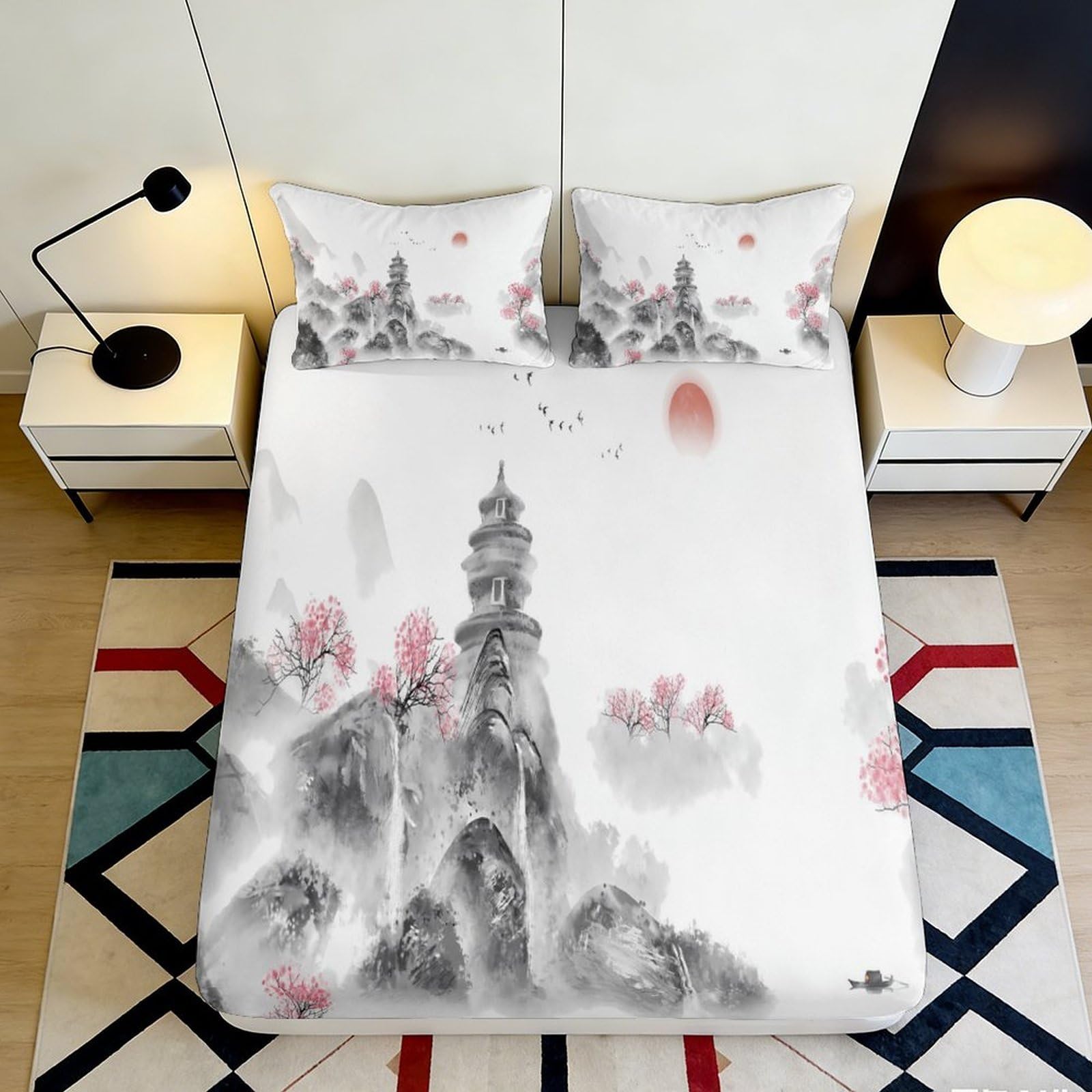 Pnayamiorkfel Style-5 3D Printed Chinese Ink Landscape Fitted Sheet Microfiber Pagoda Blossom Bed Cover For Bedroom Guest Room Decor 90X200x25cm