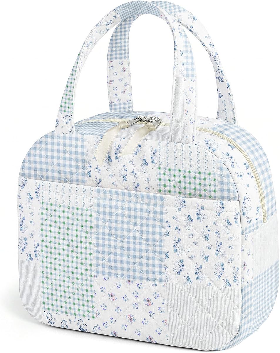 WOBAGMEN Quilted Lunch Box for Women,Coquette Aesthetic Lunch Box for Teen Girls,Cute Floral Lunch Bags for Work, School,Office,Picnic,Travel (green blue pin)