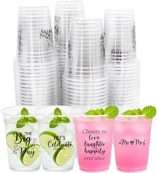 100 Pack Disposable Wedding Plastic Cups 12 oz Mr and Mrs Cheers to Love Cups Drinking Cups for Engagement Bridal Shower Wedding Anniversary Decorations