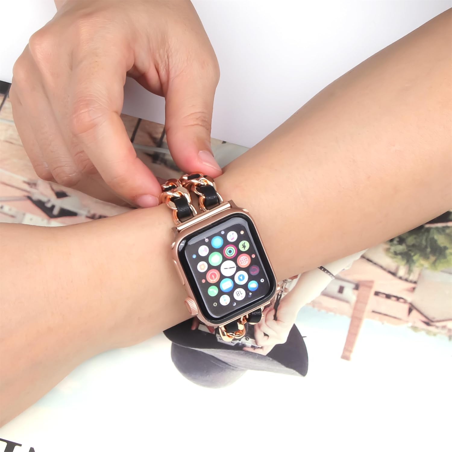 Compatible With Apple Watch Band for Woman 42mm 44mm 45mm 49mm,Metal Strap Leather Over Gold Chain Cowboy Style Replacement iWatch Series 9 8 7 6 5 4 3 2 1 SE(Rose Gold Link with Black Leather) - Image 9