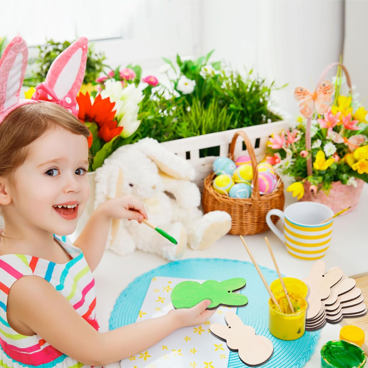 AWIZOM 60 Pcs Unfinished Easter Bunny Wooden Ornaments Wooden Bunny Cutouts to Paint Blank Wood Rabbit Slices with Twine for DIY Craft Present Tags Easter Spring Hanging Decorations,3.94x1.89 - Image 7