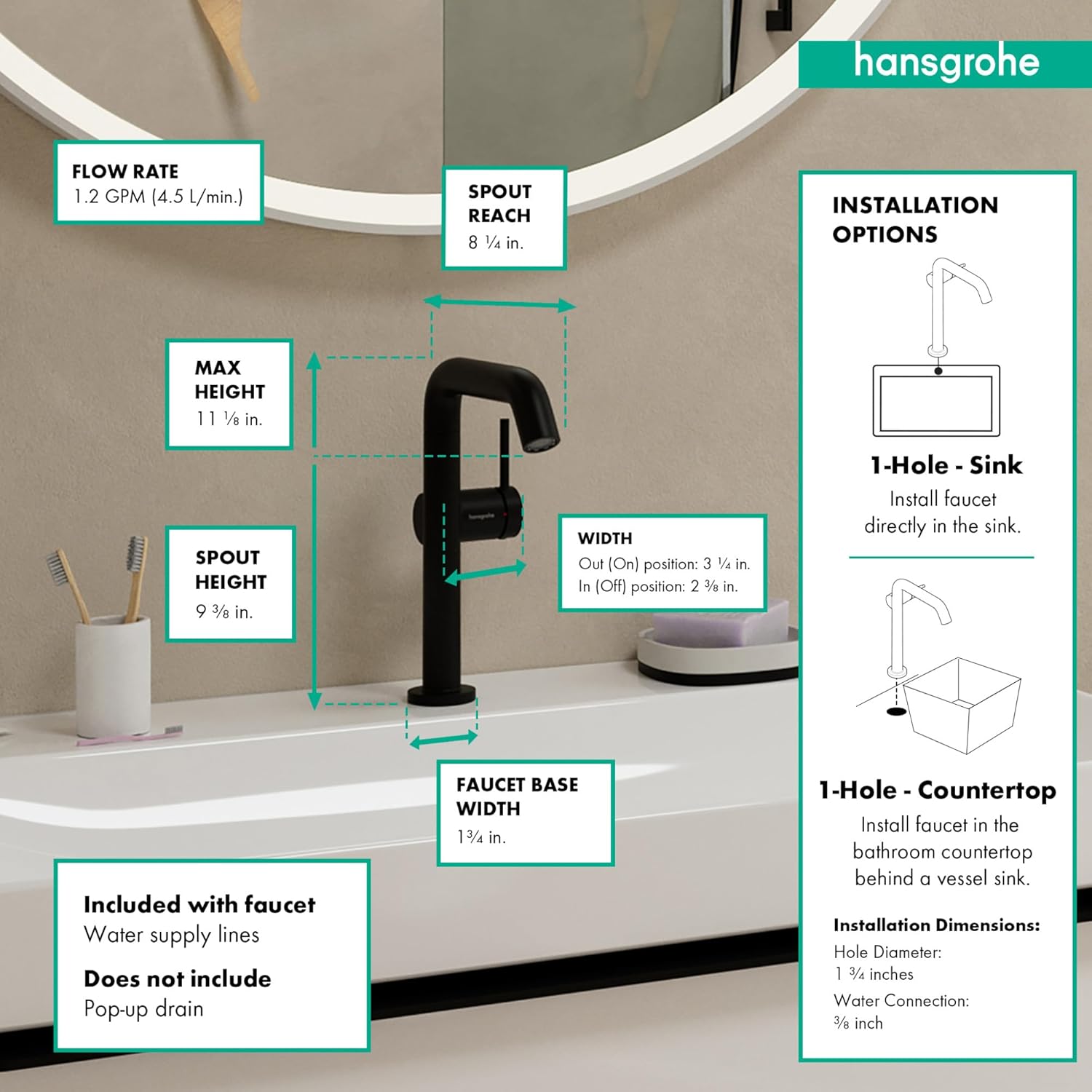 hansgrohe Tecturis E Single-Handle 1-Hole Bathroom Sink Vessel Faucet in Matte Black, 73372671