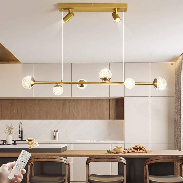Oninio Modern Gold Pendant Light, Dimmable Chandelier with 6 Bulbs & 2 Spotlights, 46W Elegant Pendant Light Height Adjustable Hanging Lamp Fixture for Kitchen Dining Room Living Room Bedroom