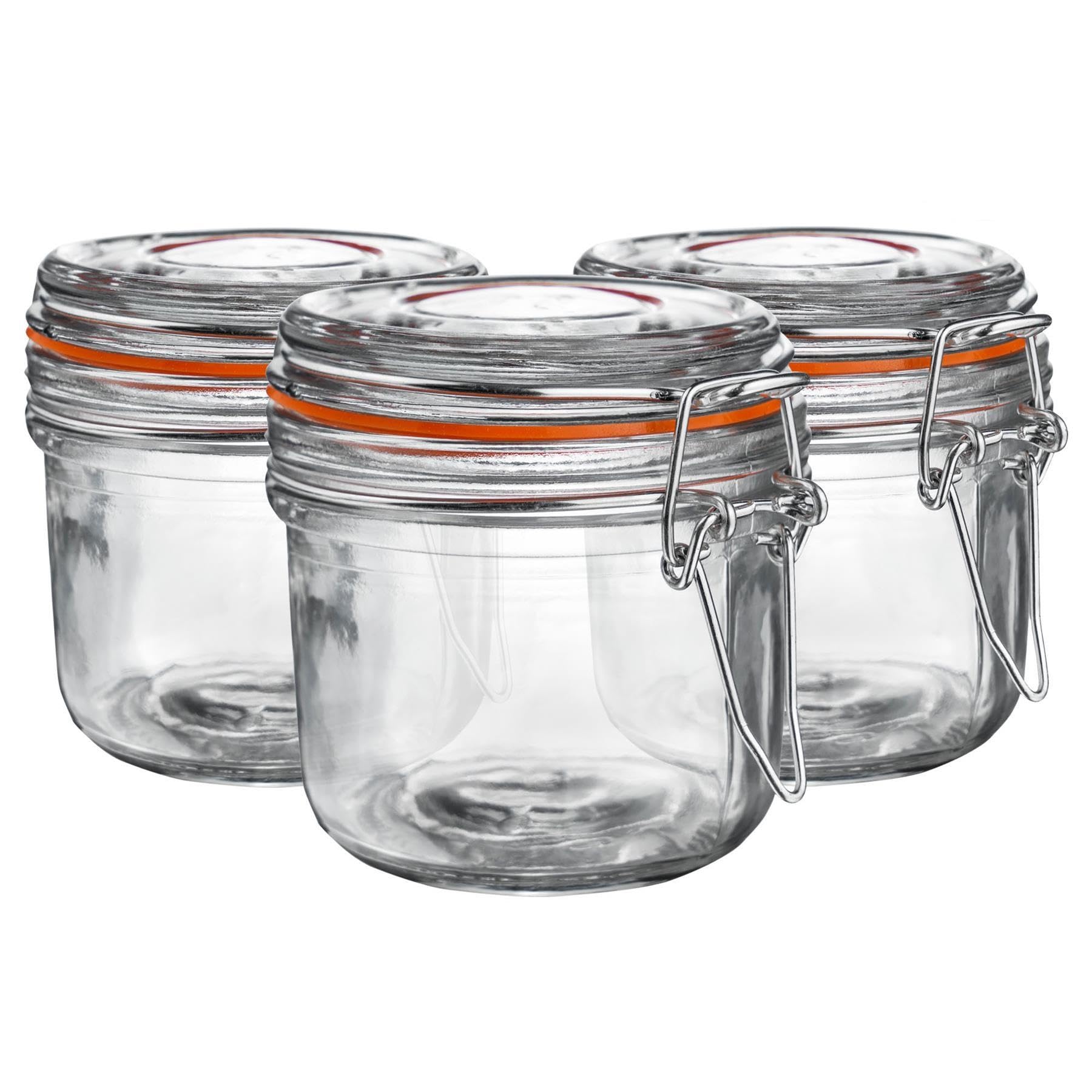 Argon Tableware Glass Jars with Airtight Metal Clip Lid - 200ml/6.7oz - 3 Pack - 4 Colour Seals - Small Kitchen Storage Container Round Preserving Jar for Pickling, Chutney, Jam, Coffee