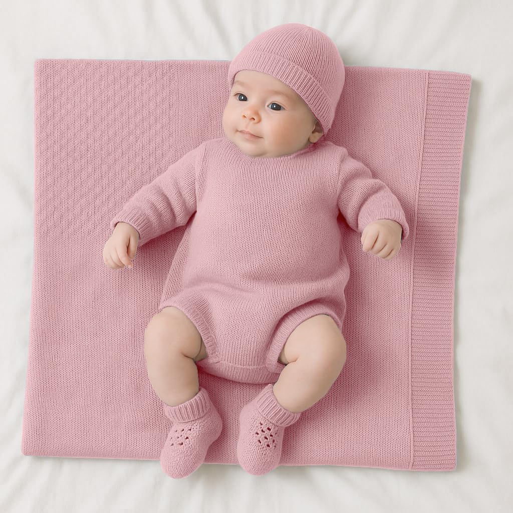 CLASSE77 Copertina in Lana Merino per Neonati con Babbucce e Cappello, Prodotto Artigianale, Made in Italy (Rosa)