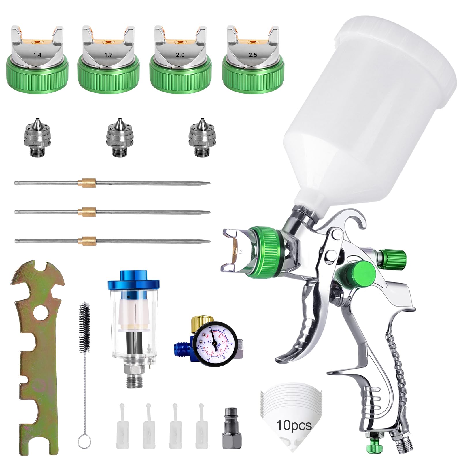HVLP Professional Gravity Feed Paint Gun 3 Nozzles 1/8" 1/8" 2,0,2.5" Cup 600cc Gravity HVLP Car Furniture Small Repair Gun (Vier Düsen, grün)