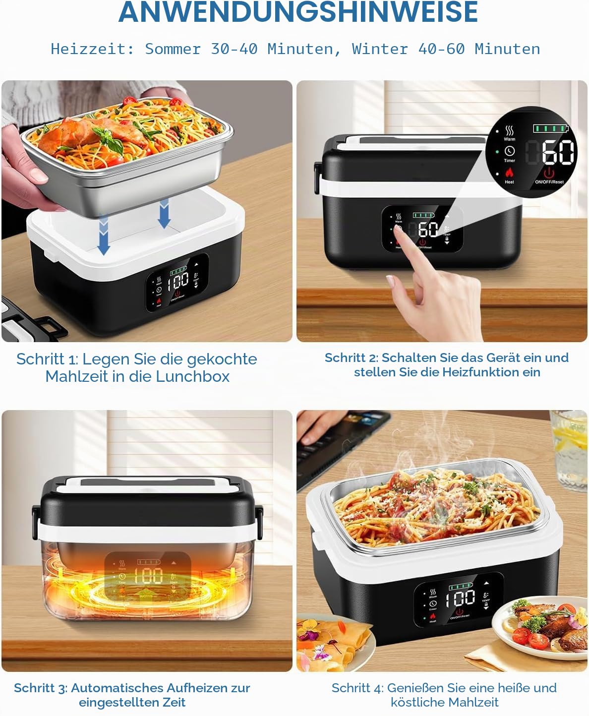 ElekElektrische Lunchbox 1L mit Timer, 8000 mAh Akku, kabellos