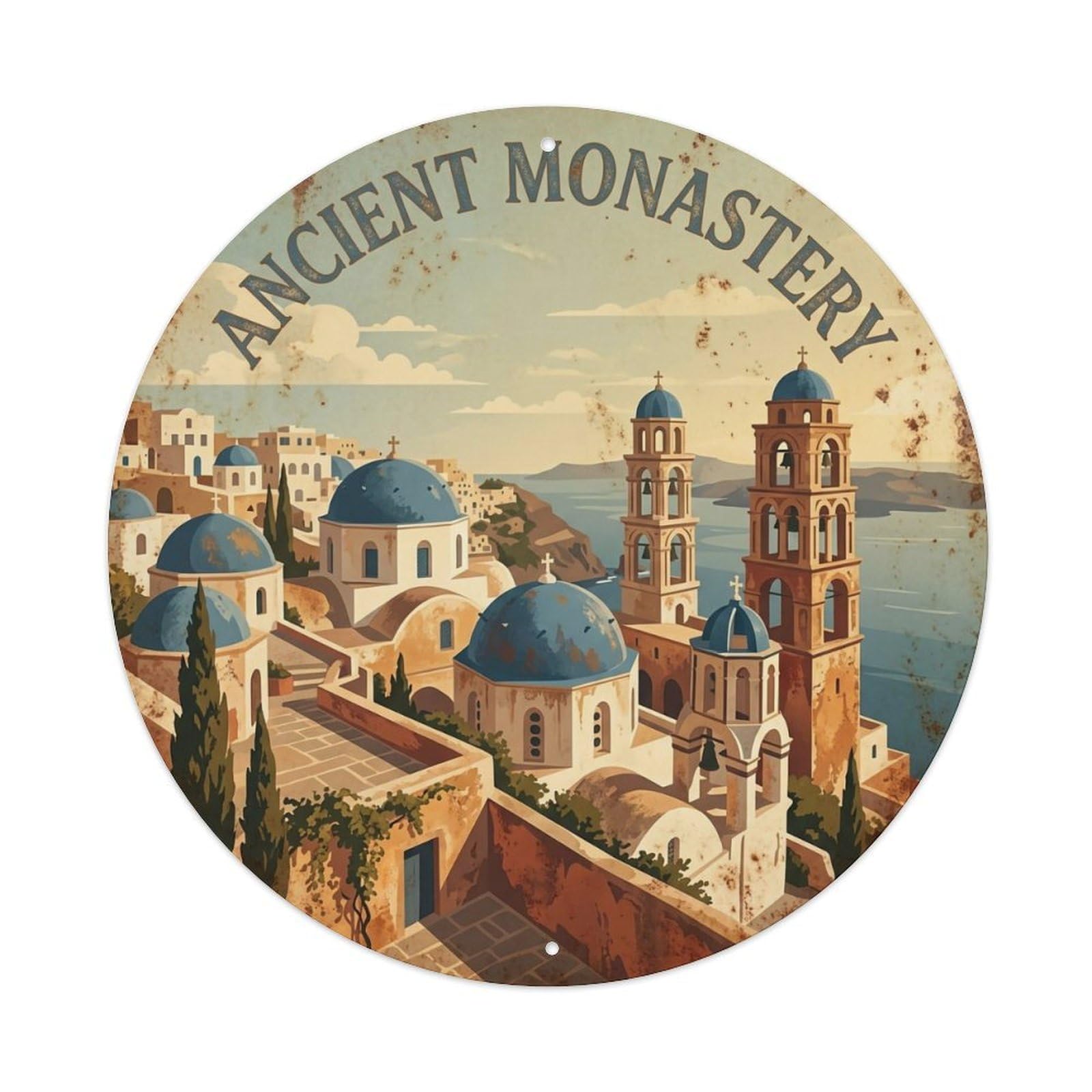 Vintage Travel Monastery Santorini Ancient Metal Tin Sign