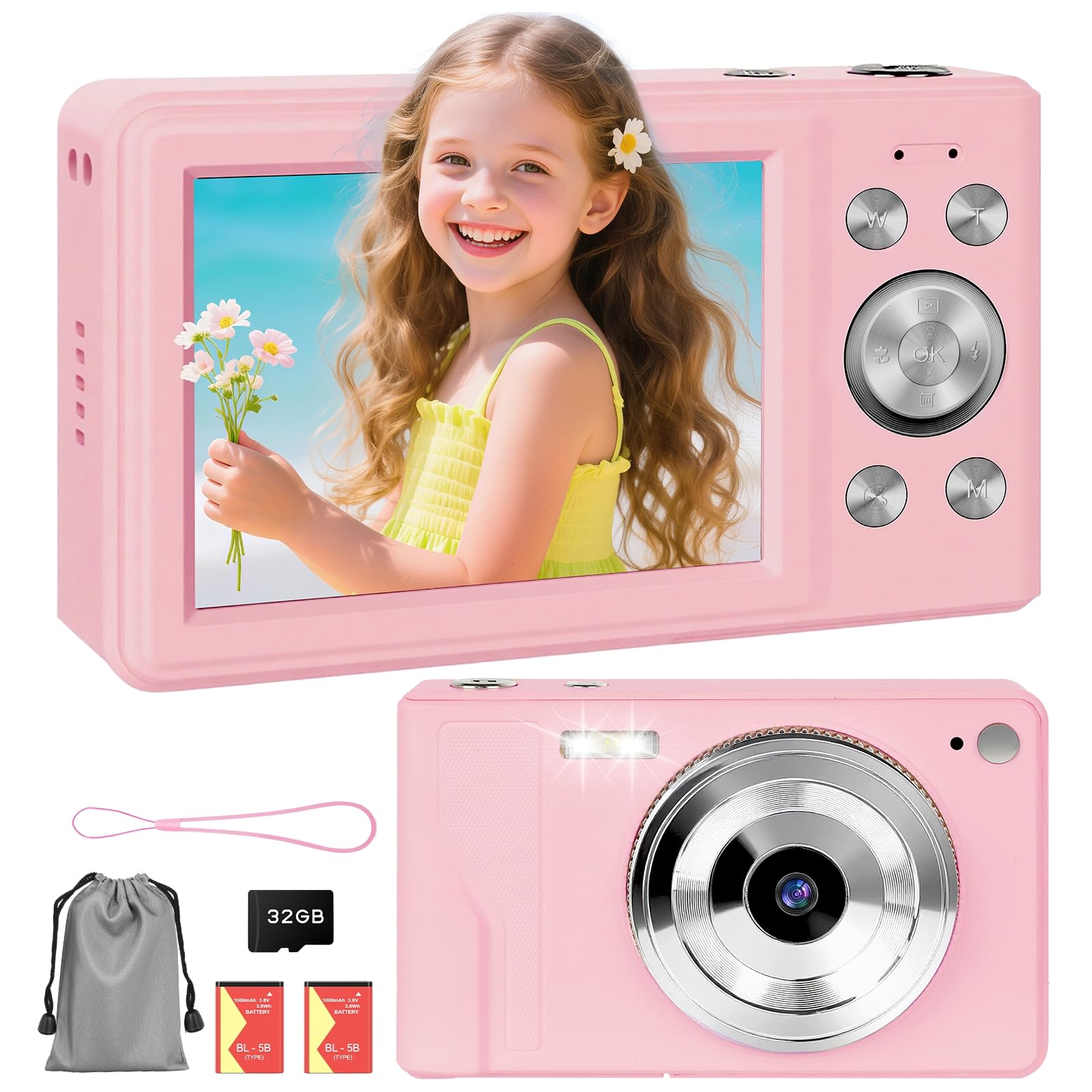 Fotocamera Digitale 56MP 1080P FHD con Autofocus16X Zoom Digitale, Fotocamera Compatta Portatile con Schermo LCD 2,8", Scheda SD 32GB 2 Batterie Perfetta per Adolescenti, Principianti (Rosa)