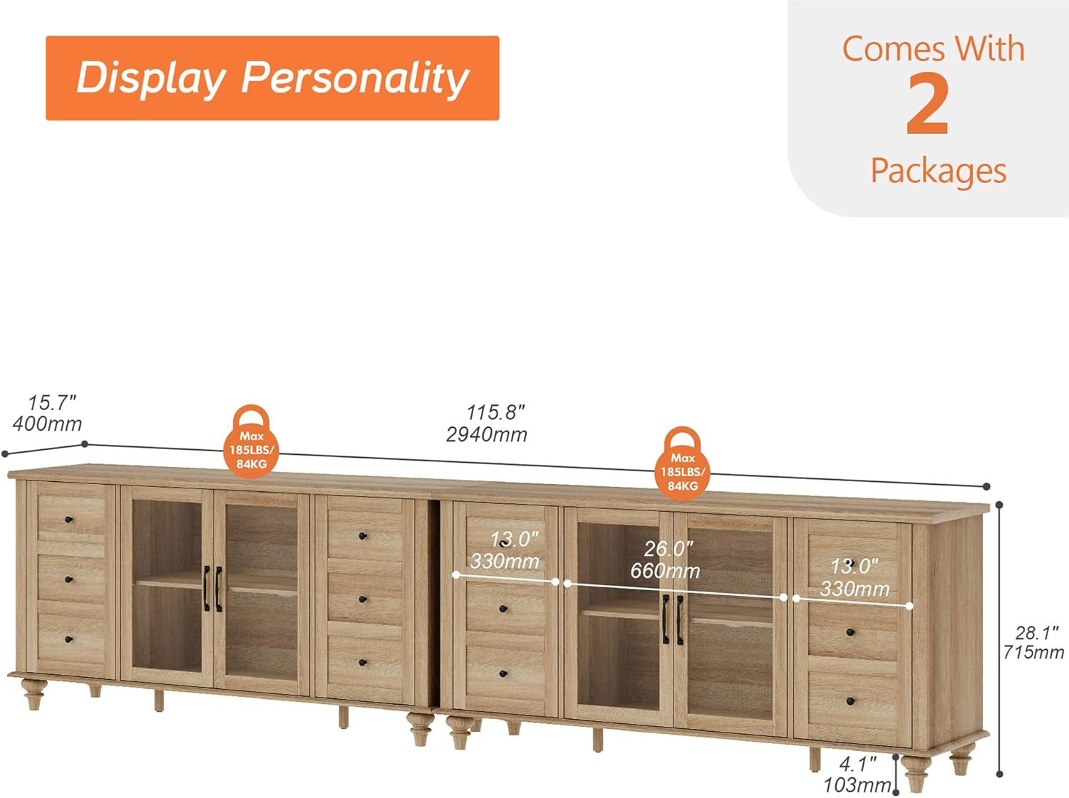WAMPAT 2 in 1 Glass Door Farmhouse TV Stand for TVs Up to 110 inch, Wood Universal TV Console Table with Storage Cabinets, Entertainment Center for 32-110 inch TV Console Cabinet, 116'', Oak