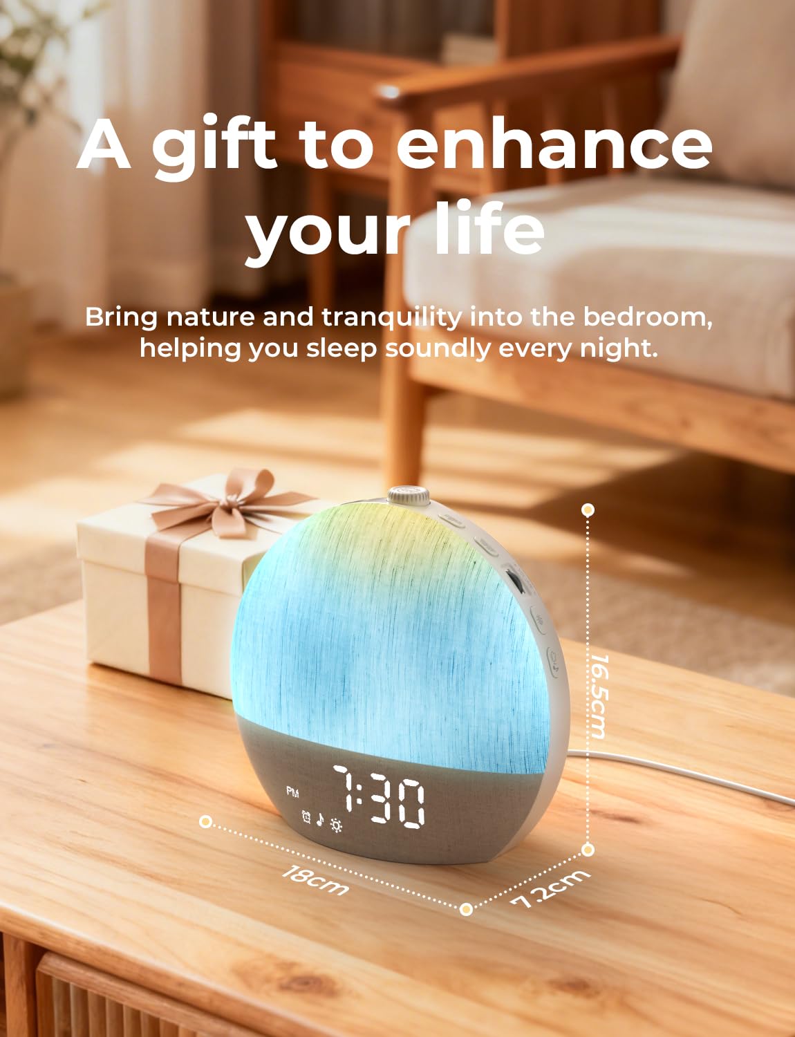 LIORQUE Réveil Lumineux Simulateur d'Aube, Reveil Simulateur d'Aube sur Lampe de Chevet, 17 Modes d'éclairage, 30 Sons apaisants, Mode Sommeil, Connexion Bluetooth, avec Alarme et Fonction Snooze