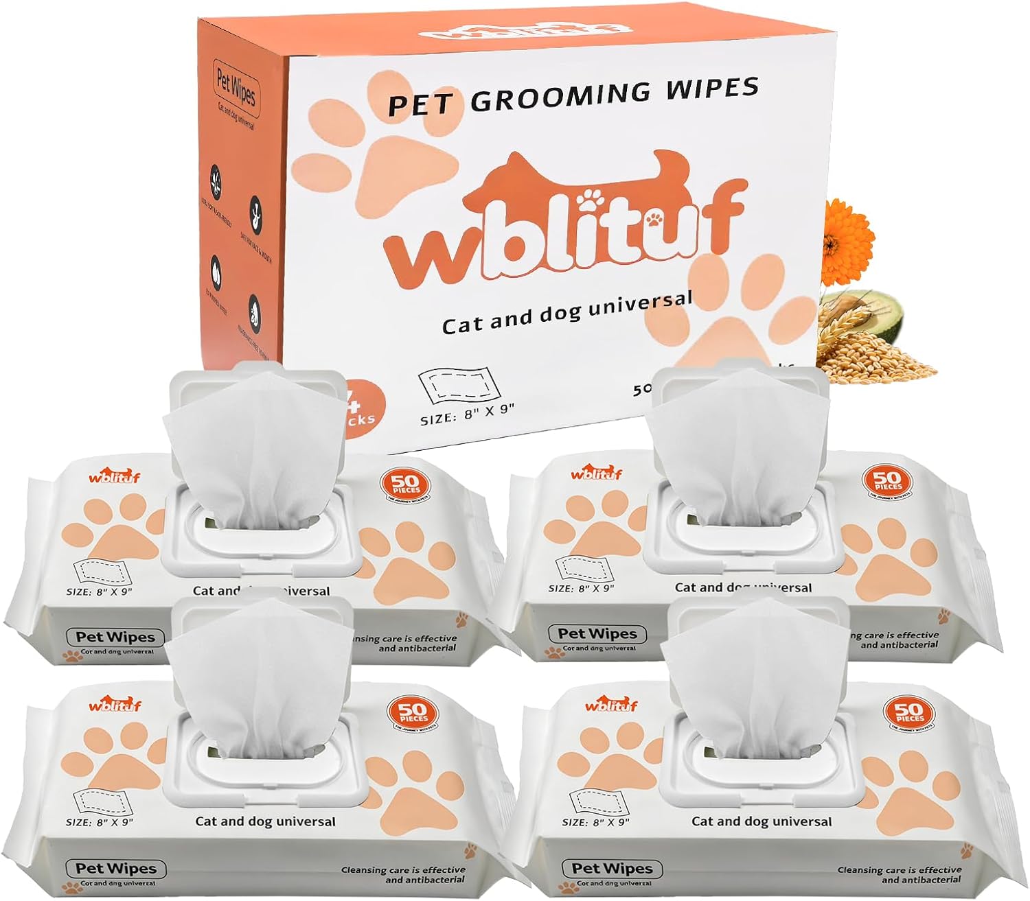 Pet Grooming Wipes, Lick-Safe & Alcohol-Free for Dogs & Cats, Extra Large 8x9 Inches, 4 Pack (200 Total Sheets)