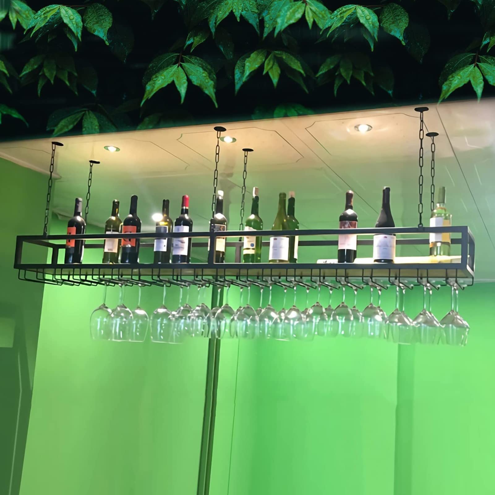 Casier à vin de plafond noir suspendu avec support de verres pour bar et restaurant