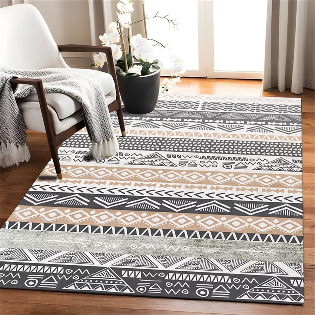 Tapis de salon gris 100x160 cm lavable et géométrique vintage pour chambre