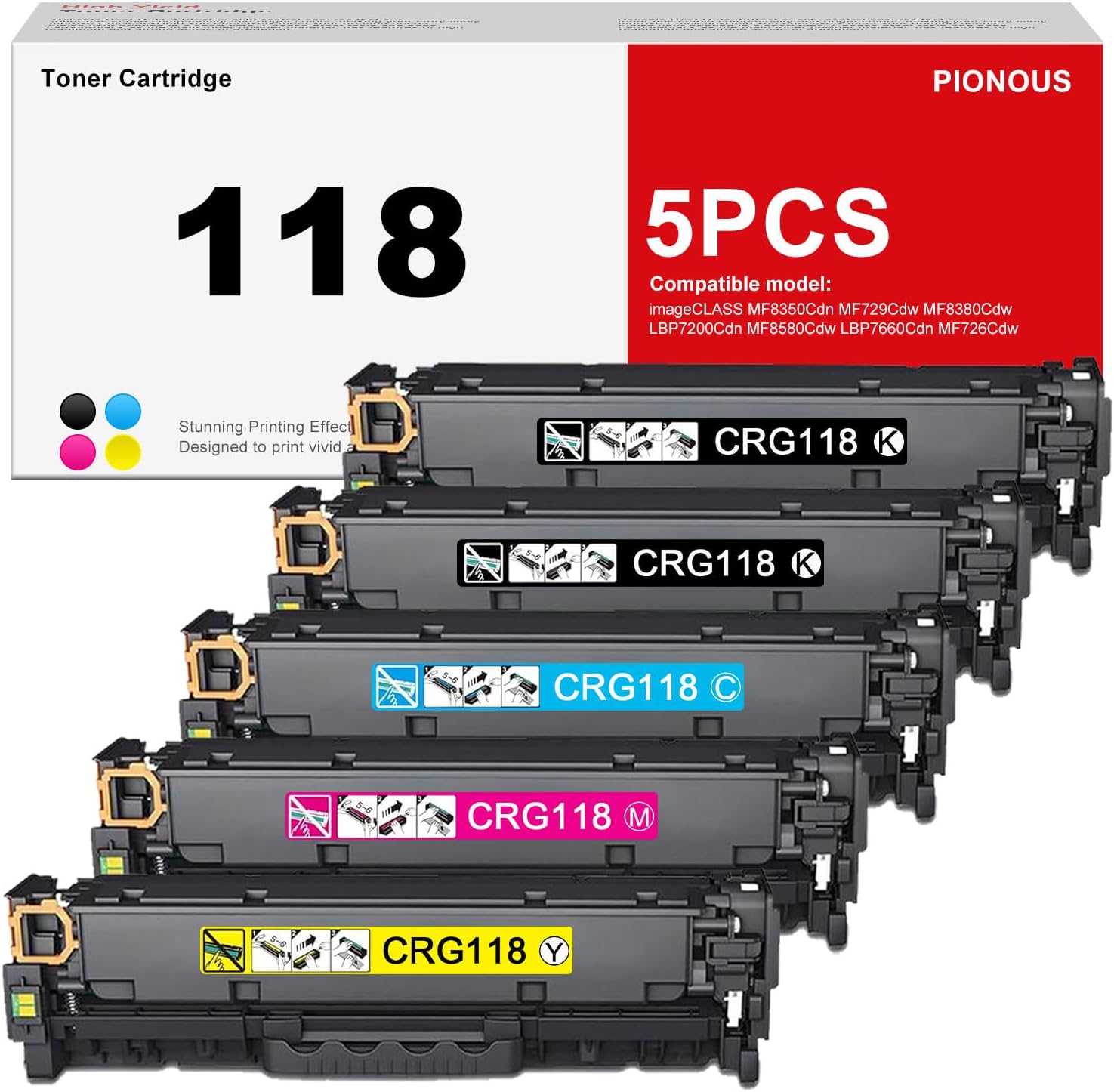 118 Toner Cartridge Set (2 Black, 1 Cyan, 1 Magenta, 1 Yellow) - Replacement for Canon CRG118 Toner, Compatible with imageCLASS MF8580Cdw MF8380Cdw MF8350Cdn MF726Cdw LBP7660Cdn Printers