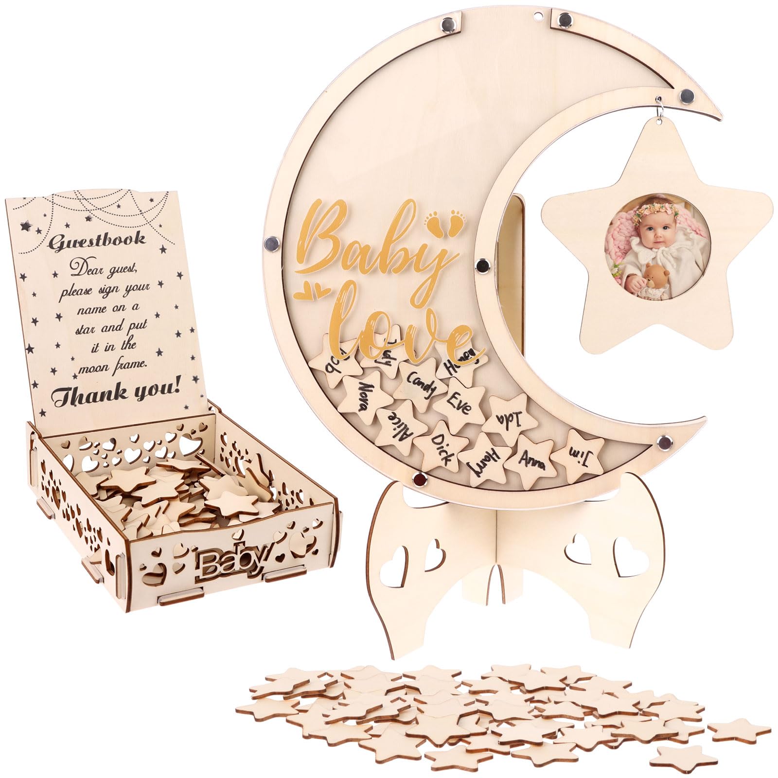 PIAOPIAONIU 83 Pcs Moon Baby Shower Decorations Guest Book Alternatives with Star Photo Frame Wooden Sign in Guest Book Heart Sign for Wedding Boys Girls Birthday Parties Keepsakes 12Inch