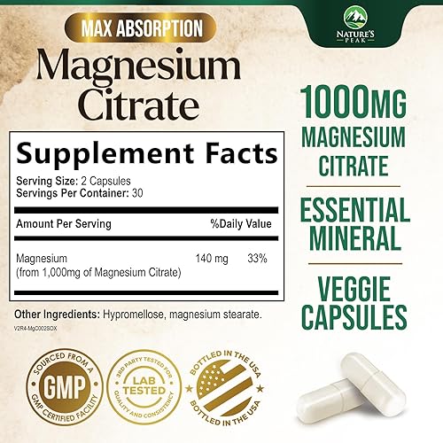 Vista 2 de Magnesium Citrate 1000mg - High Absorption Magnesium Supplement Supports Muscle, Bone, Nerve & Heart Health - Extra Strength Magnesio Complex Pills