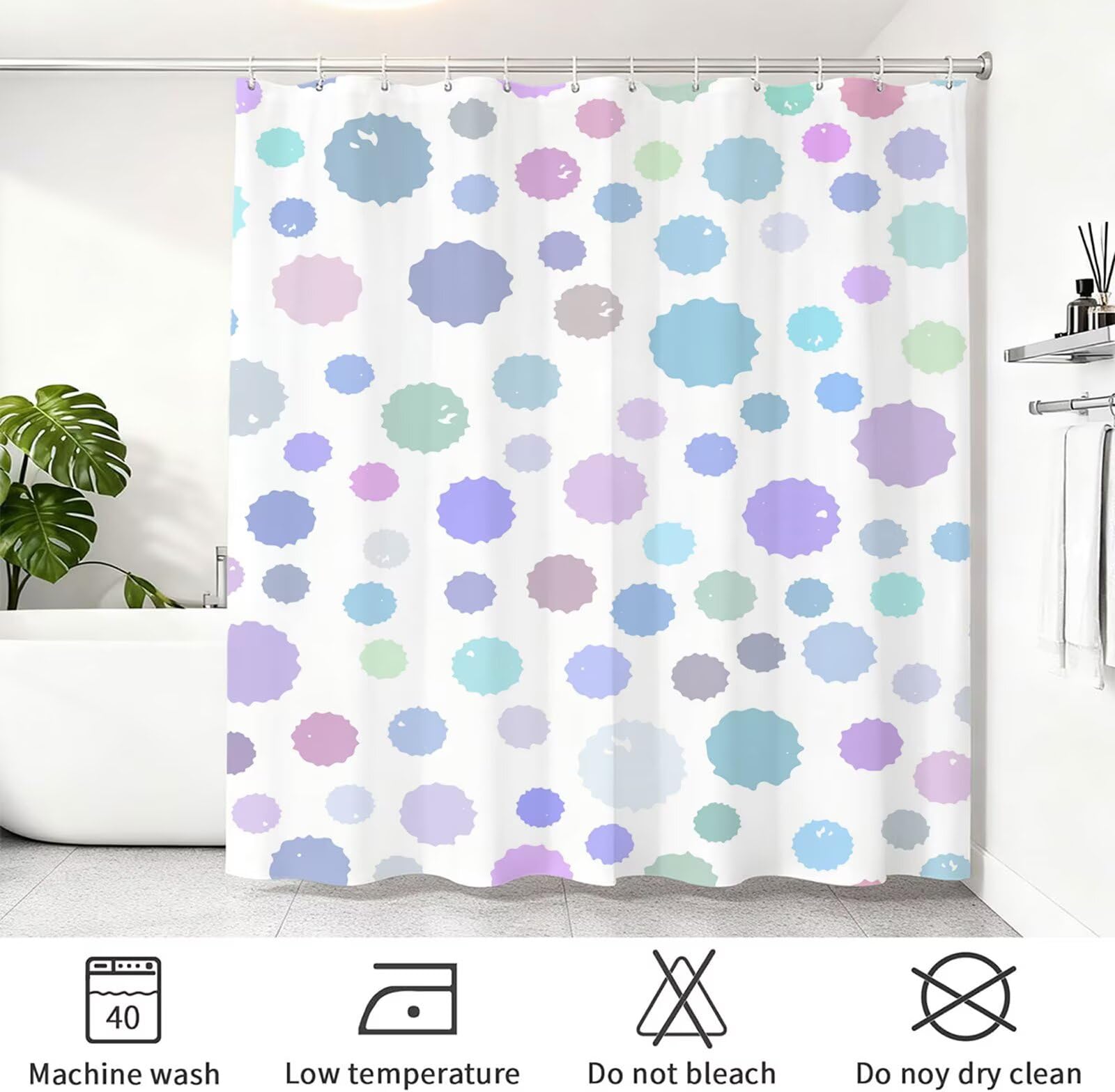 Rideau de Douche 180x220 cm - Tissu Polyester Imperméable Anti-Moisissure - 12 Anneaux Inclus - Ourlet Lesté pour Stabilité - Lavable en Machine - Idéal de Baignoire et Douche - Violet & Pois Y1#512