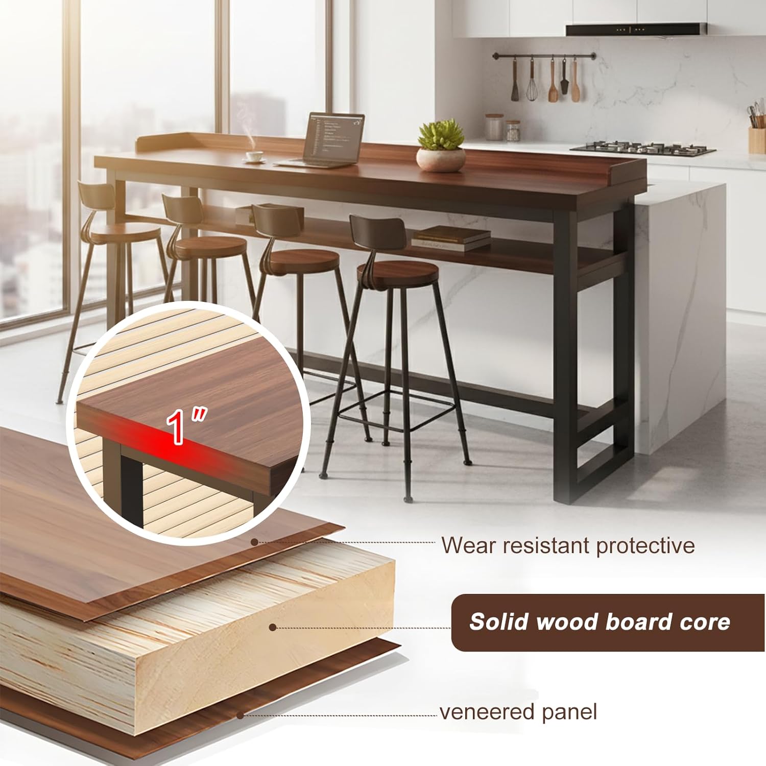 Solid Wood Rectangular Bar Table - Metal Frame Long Sofa Table for Kitchen, Dining Room, Coffee Shop & Home Bar No Chairs Dark Walnut(Double Layer/Guard) 47.3×23.7×29.6"