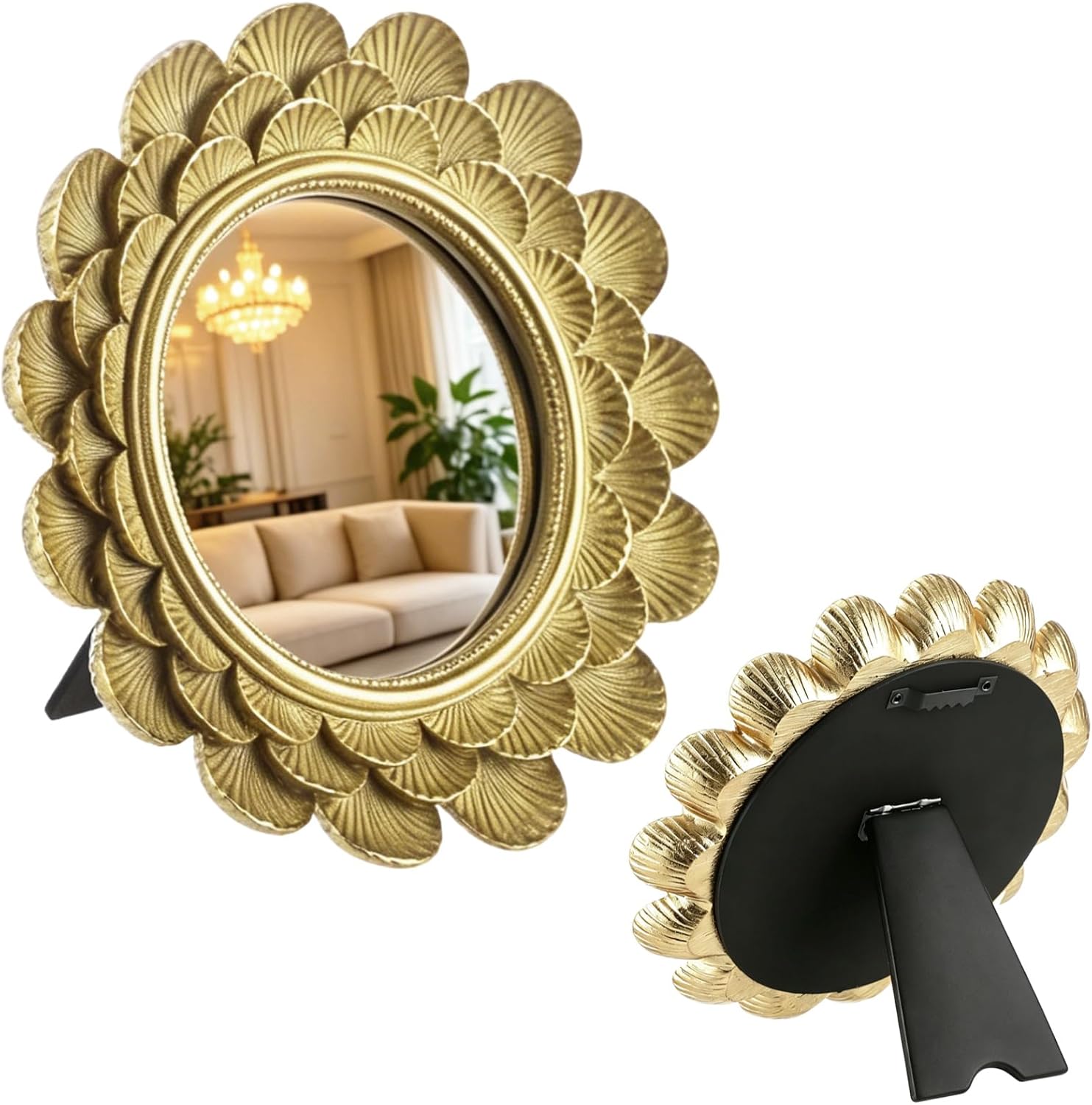 Vintage Framed Makeup Mirror, Gold Retro Vanity Mirror with Fan-Shaped Carved Resin Frame, Desktop & Wall-Mounted Design for Bedroom, Dresser, Bathroom
