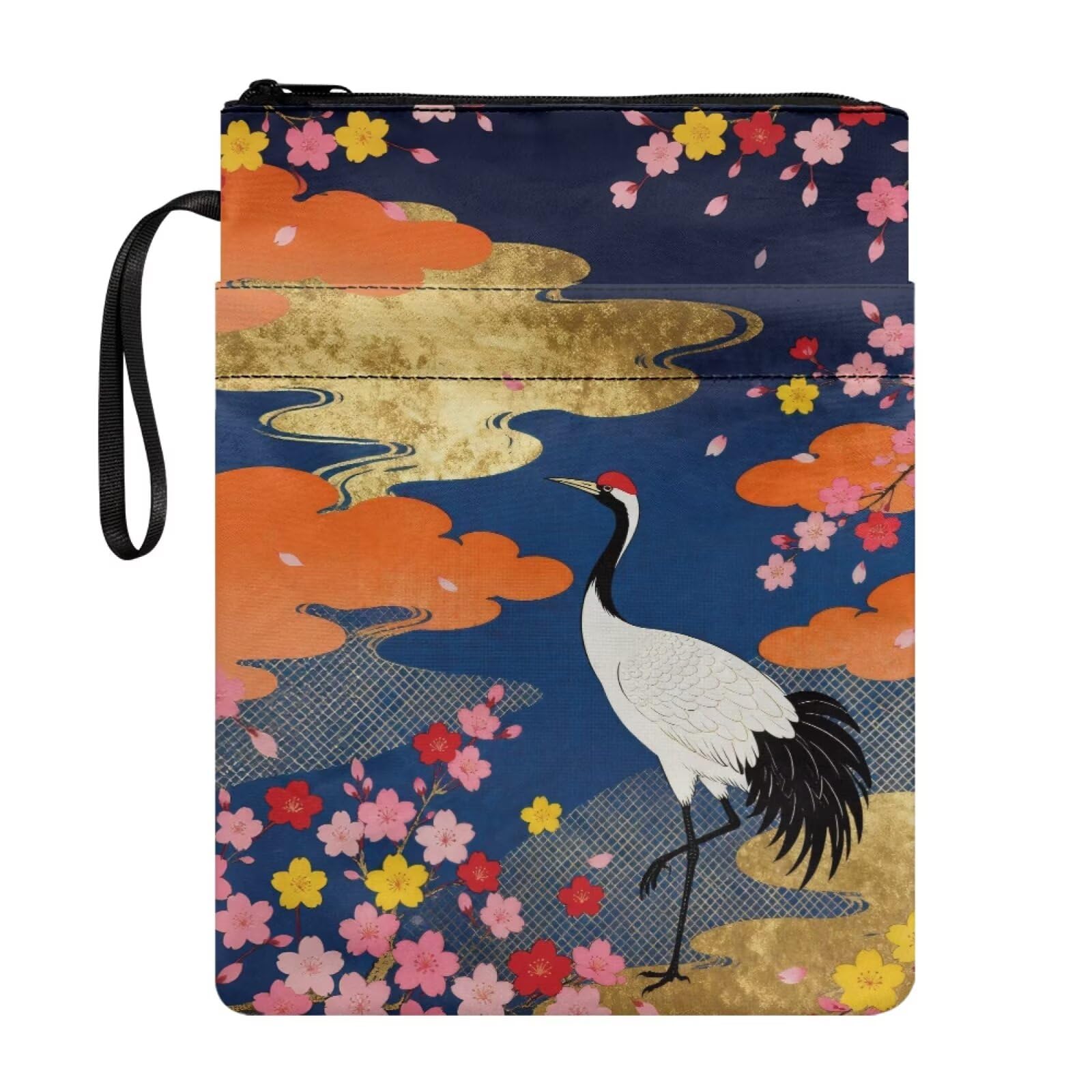 Poceacles Book Sleeve for Paperbacks Book Pouch with Pockets and Zipper, Hardcover Textbook Storage Bag, Red-Crowned Crane Cherry Blossom Pattern Japanese Style Graphic Asian Oriental Aesthetic