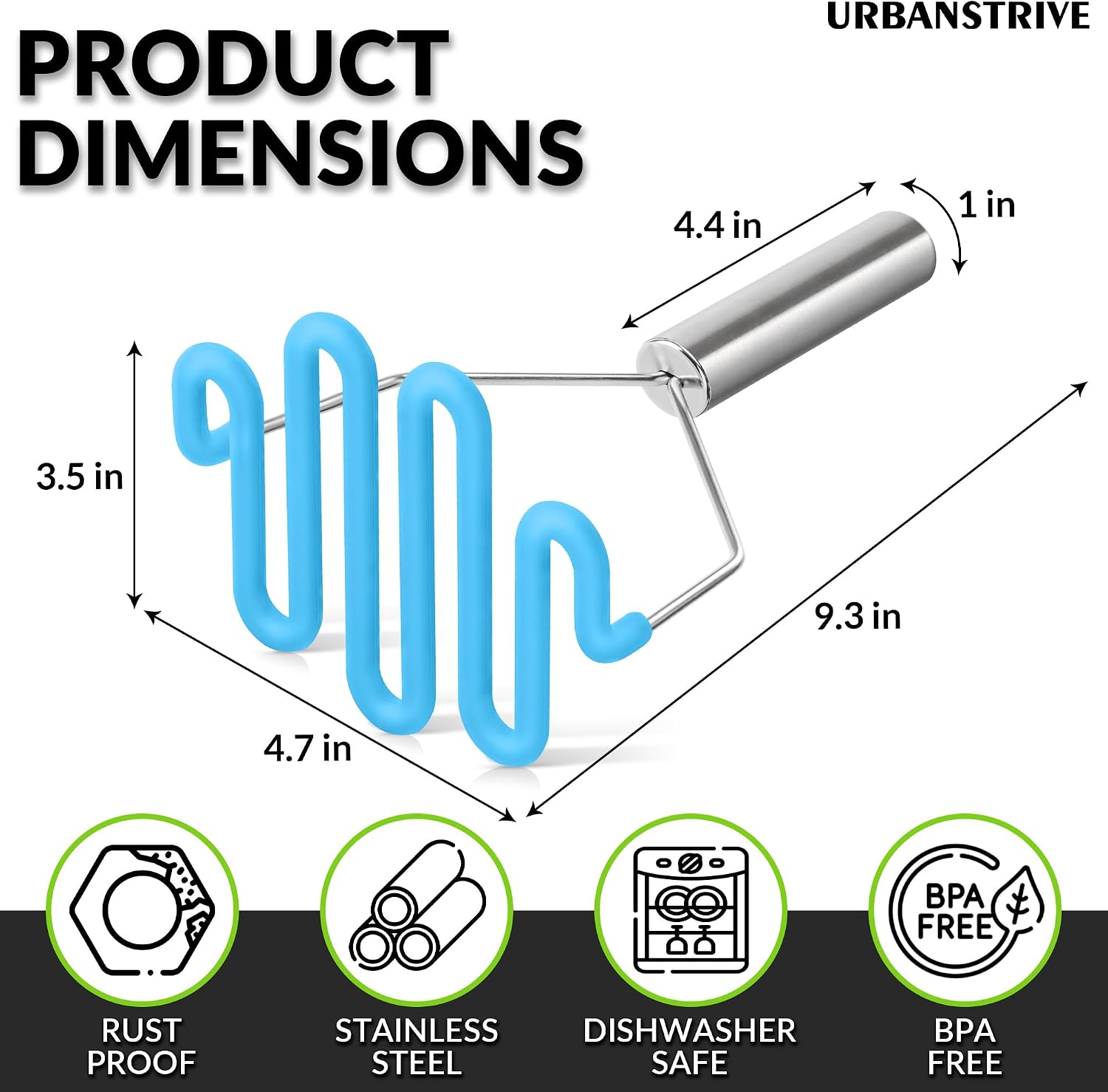 Urbanstrive Non-Scratch Silicone Potato Masher Kitchen Tool, Potatoes Masher Potato Masher Stainless Steel Wrapped In Premium Silicone, Potato Smasher (Blue) image 2