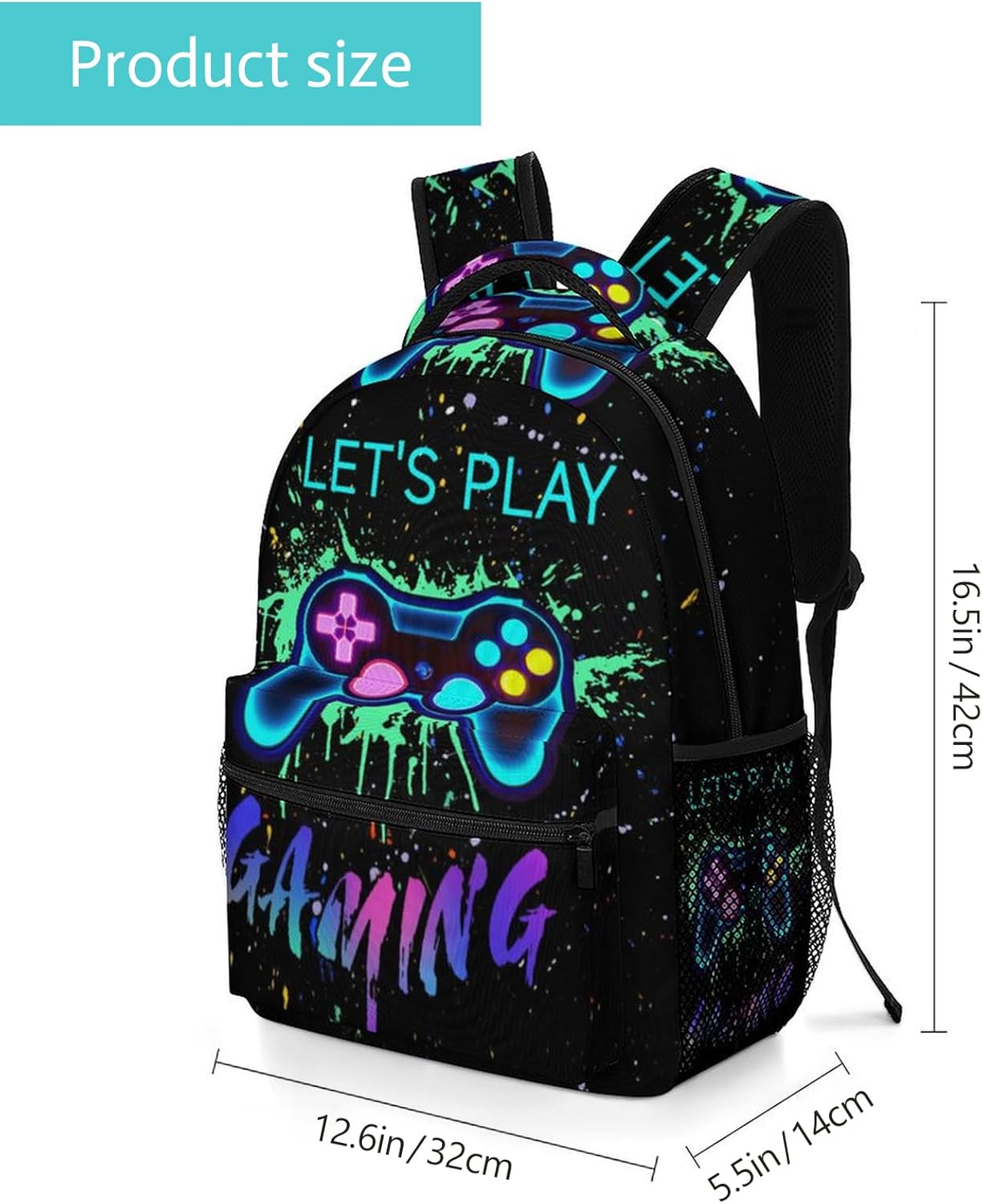 GNEW School Backpack for Boys - Gamer Boys Backpack for Kids - Colorful Neon Gamer Bookbag - Cool Gaming Children Teens Elementary Middle School Students Bookbag,16.5″