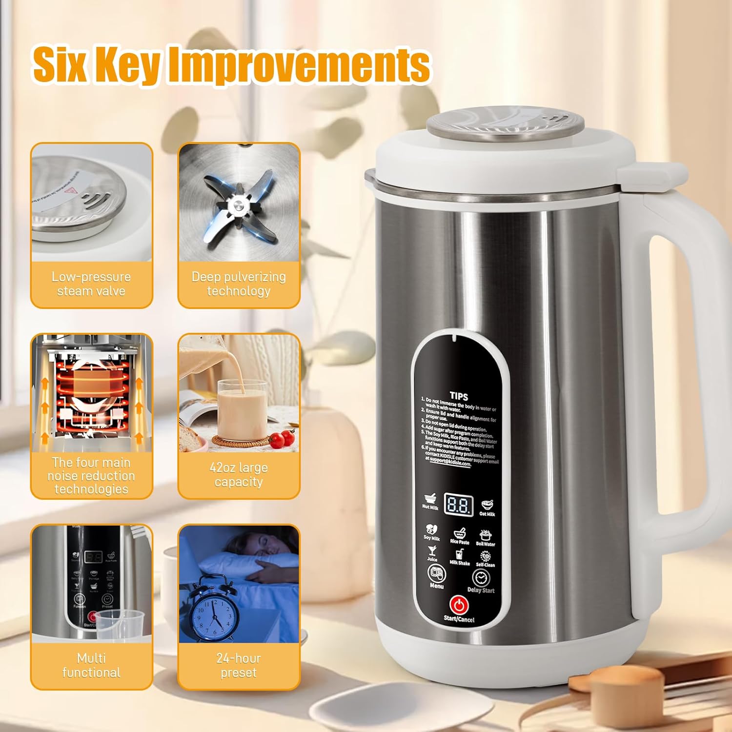 Nut Milk Maker Machine, 42oz 8 in 1 Portable Automatic Soy Milk Machine for Homemade Soy, Oat, Coconut, Plant-Based and Non-Dairy Almond Cow Milk Machine Maker with Delay Start, Auto Clean(Silver)