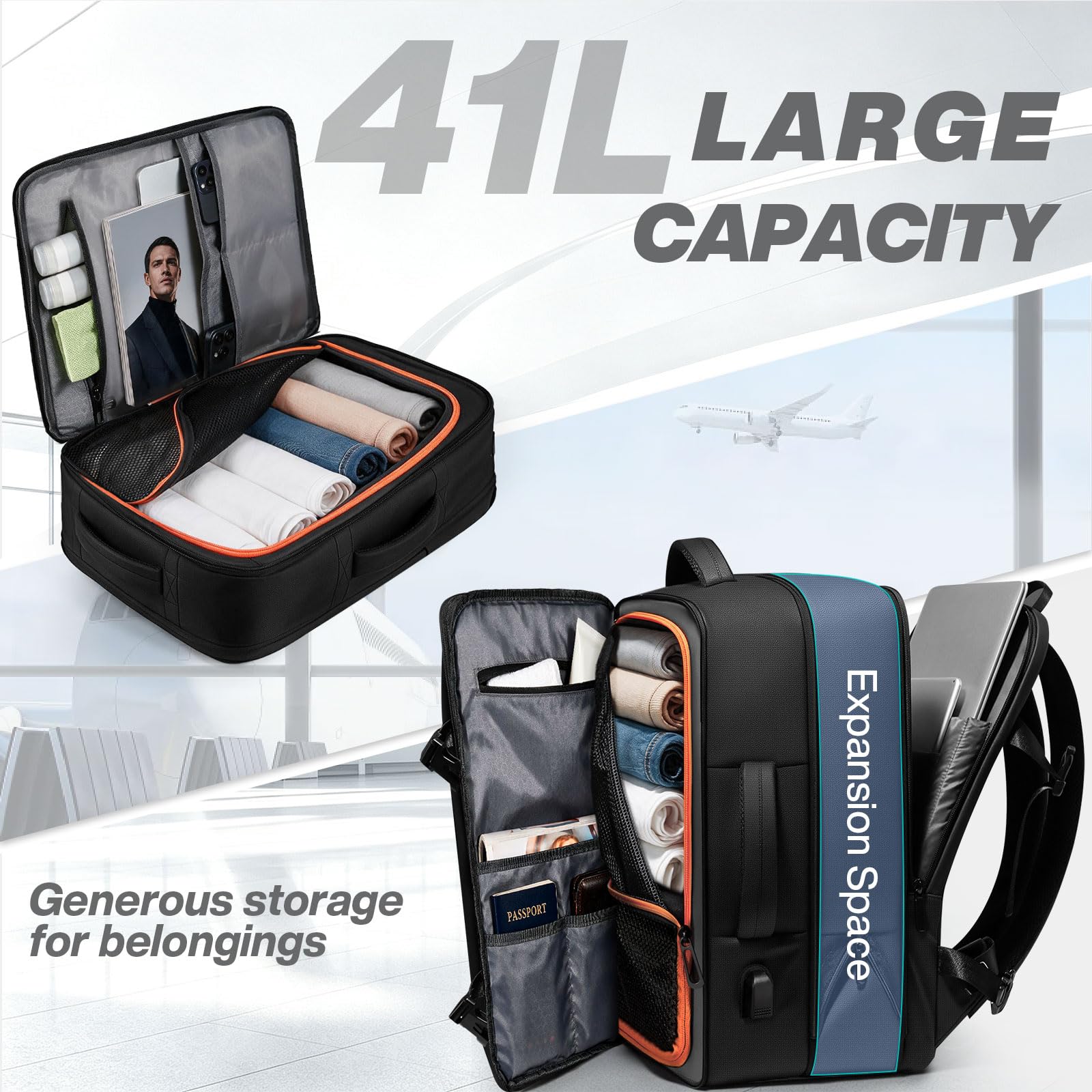 Mochila de viaje para portátil, mochila cabina expandible 41L, hombre y mujer
